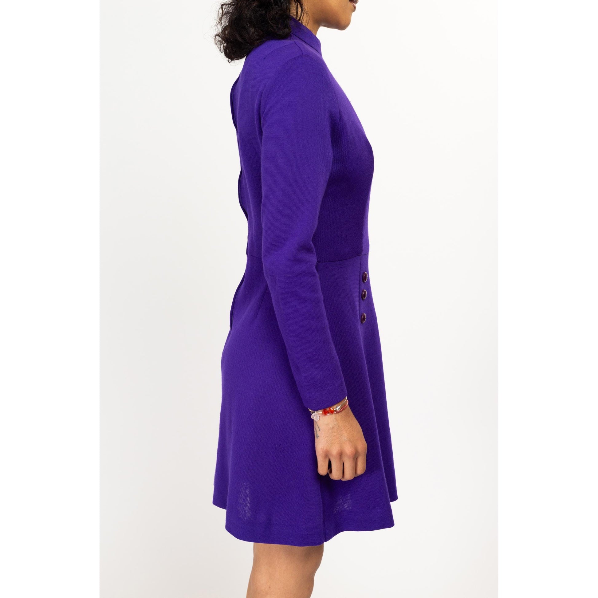 Medium 60s Mod Space Age Royal Purple Mini Dress | Vintage Fit Flare Retro Long Sleeve Wool Dress