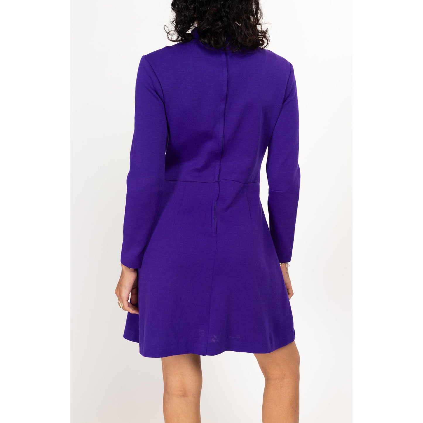 Medium 60s Mod Space Age Royal Purple Mini Dress | Vintage Fit Flare Retro Long Sleeve Wool Dress