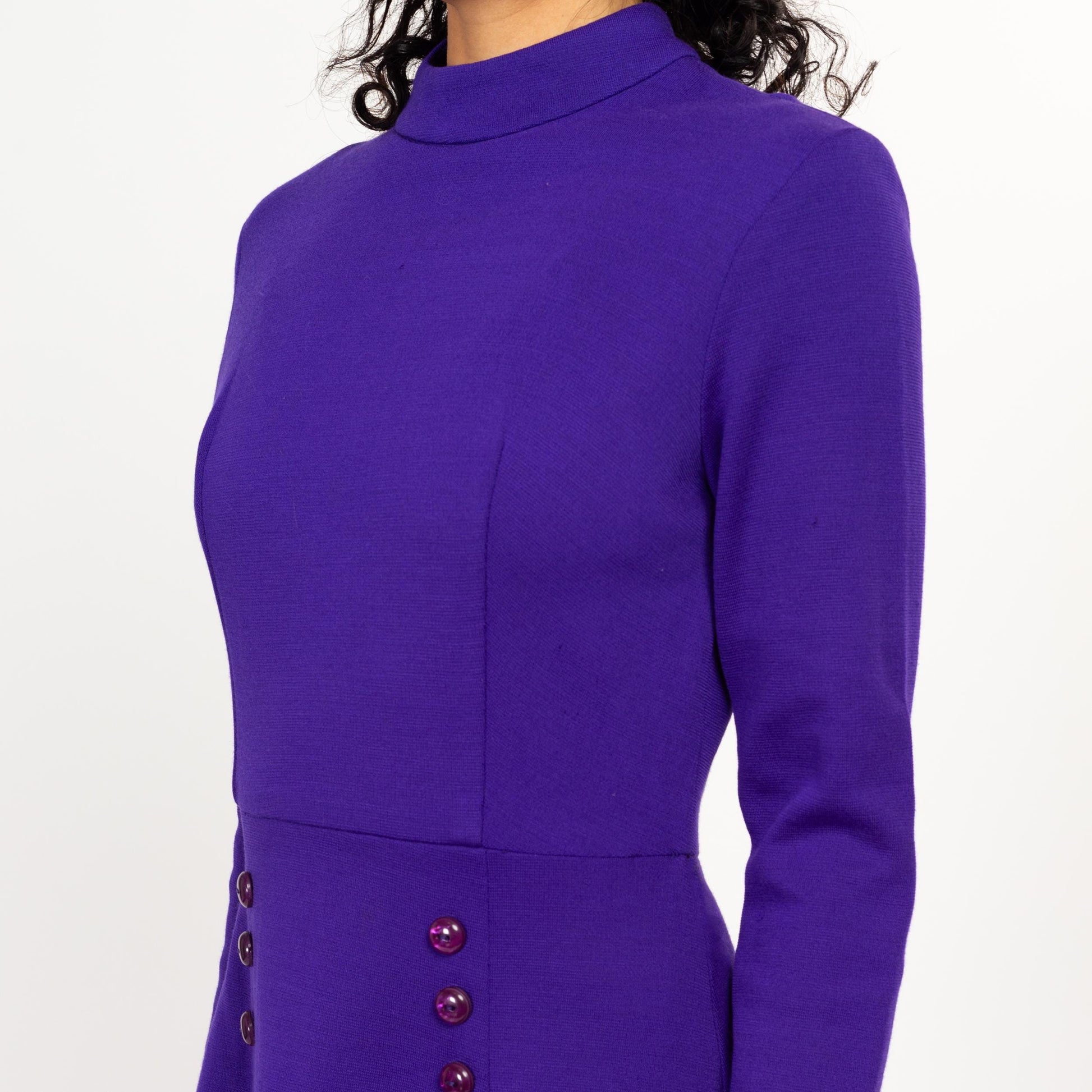 Medium 60s Mod Space Age Royal Purple Mini Dress | Vintage Fit Flare Retro Long Sleeve Wool Dress