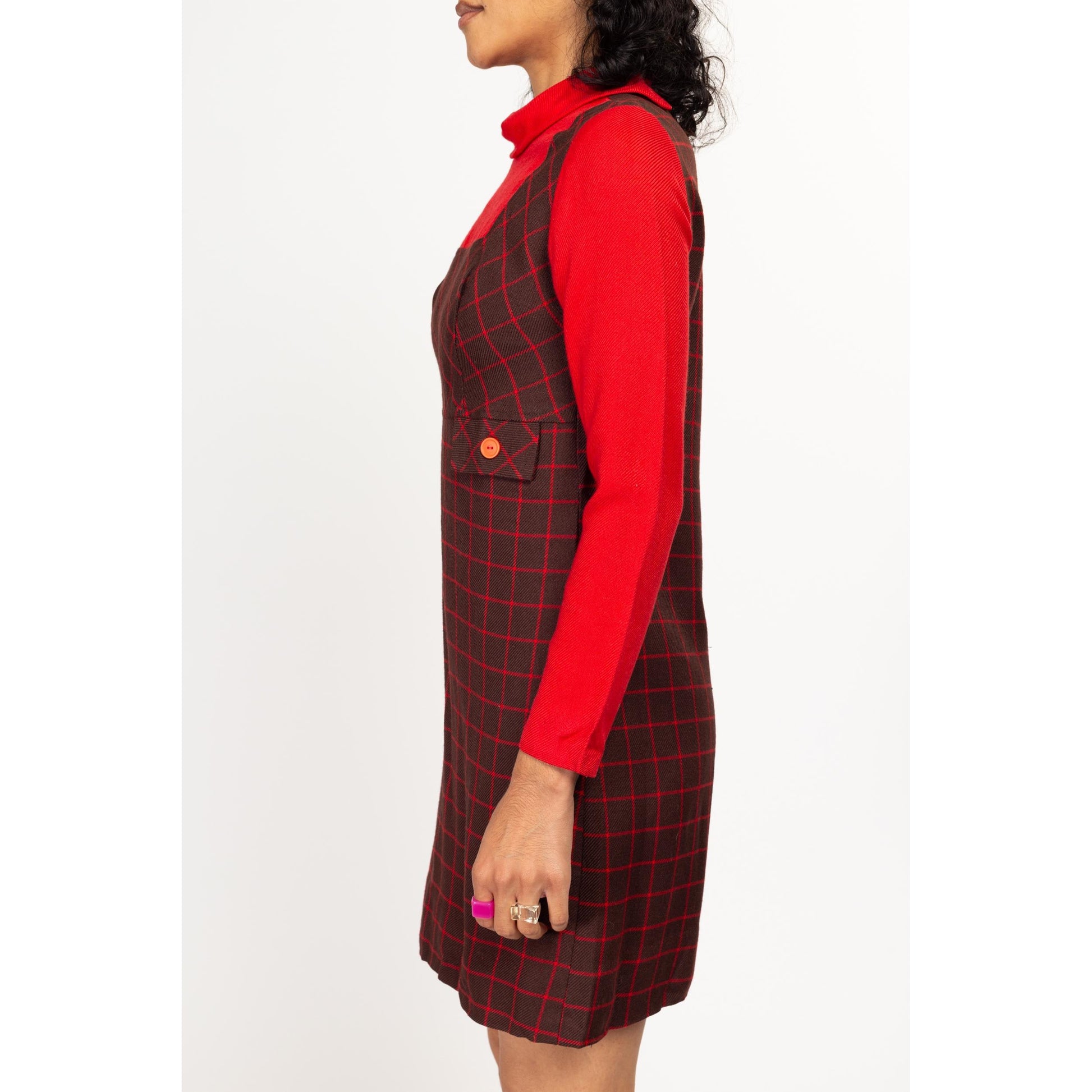 Small 60s Mod Plaid Trompe L'oeil Pinafore Mini Dress | Vintage Red Brown Long Sleeve A Line Dress