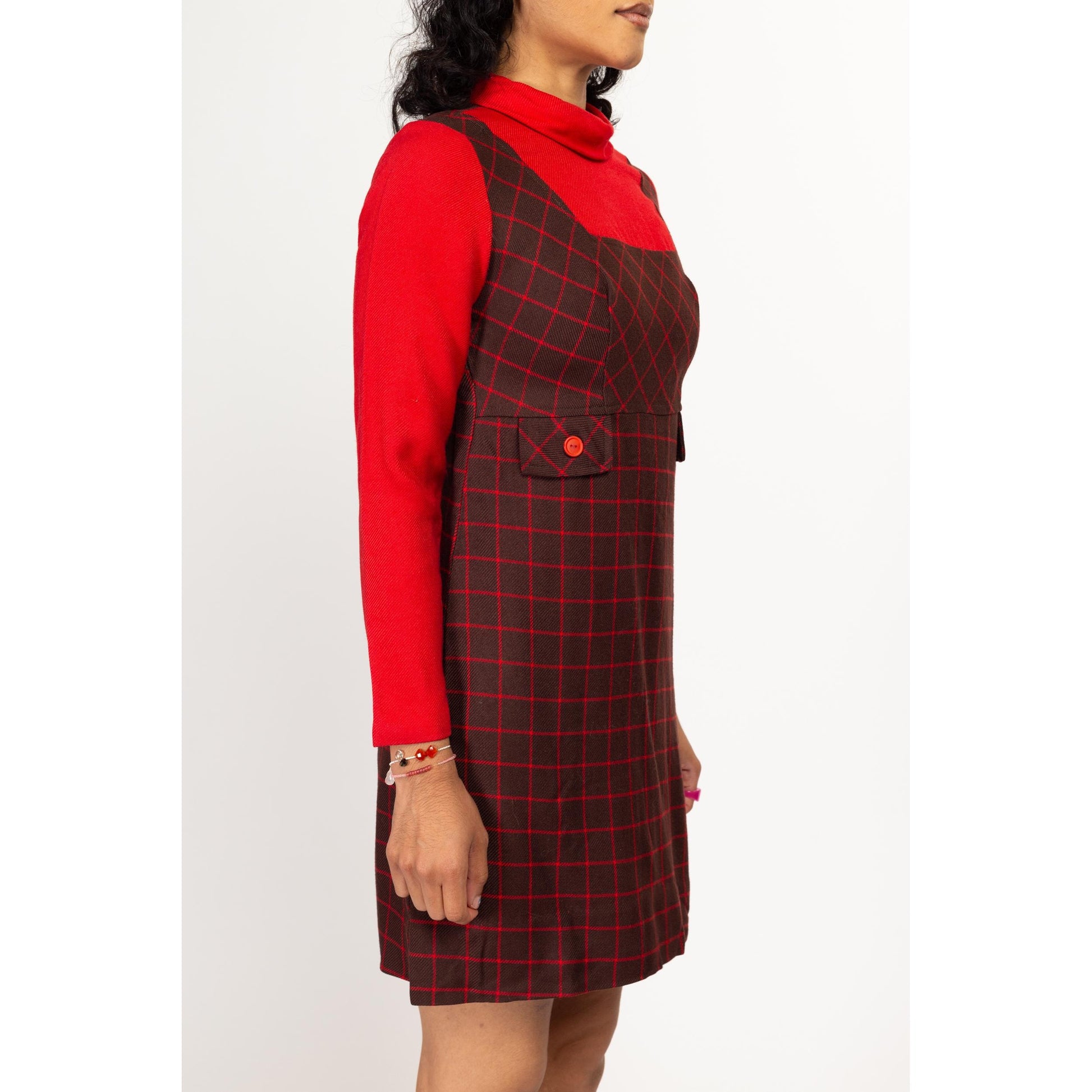 Small 60s Mod Plaid Trompe L'oeil Pinafore Mini Dress | Vintage Red Brown Long Sleeve A Line Dress