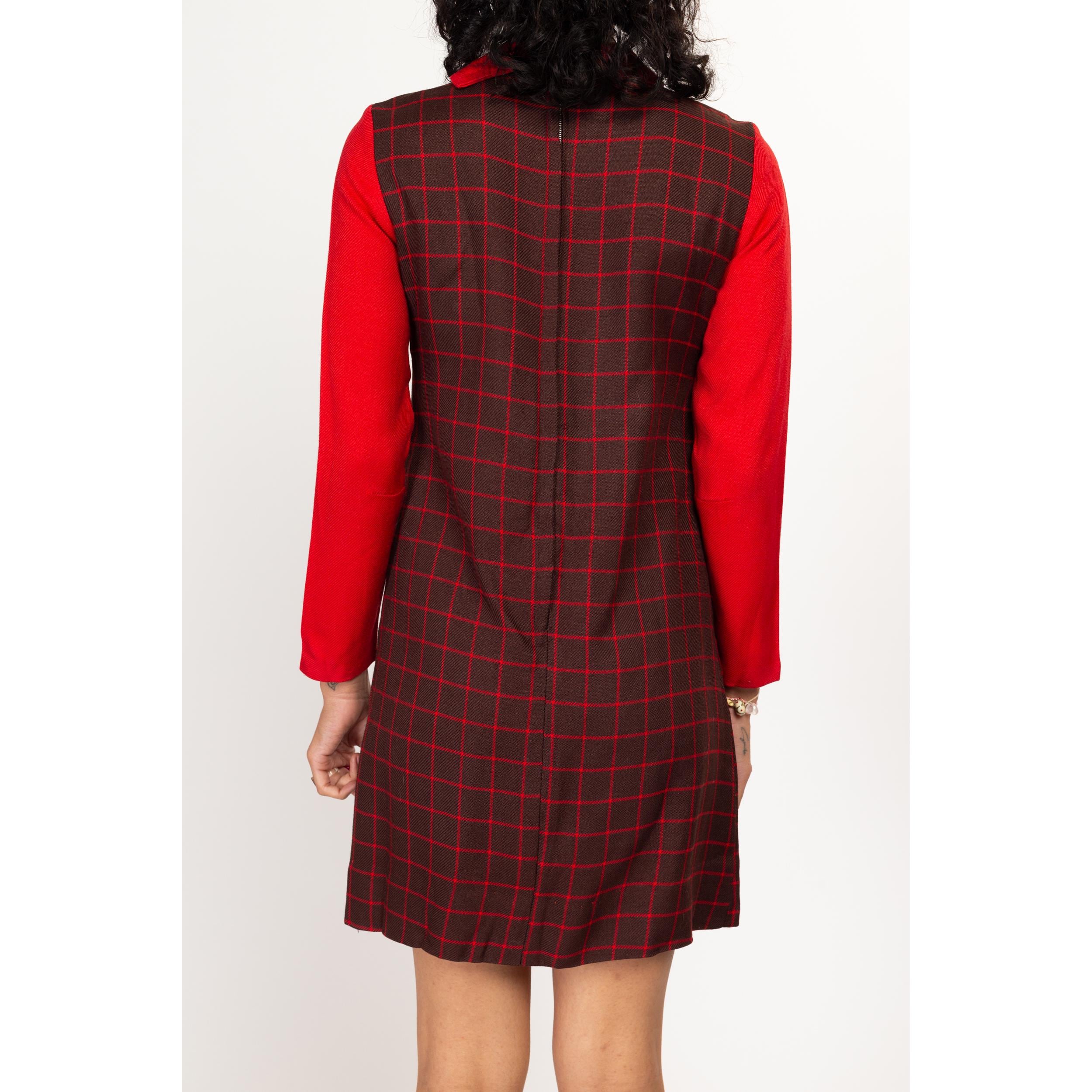 XS Sm 60s Mod Plaid Trompe L oeil Pinafore Mini Dress Flying Apple Vintage