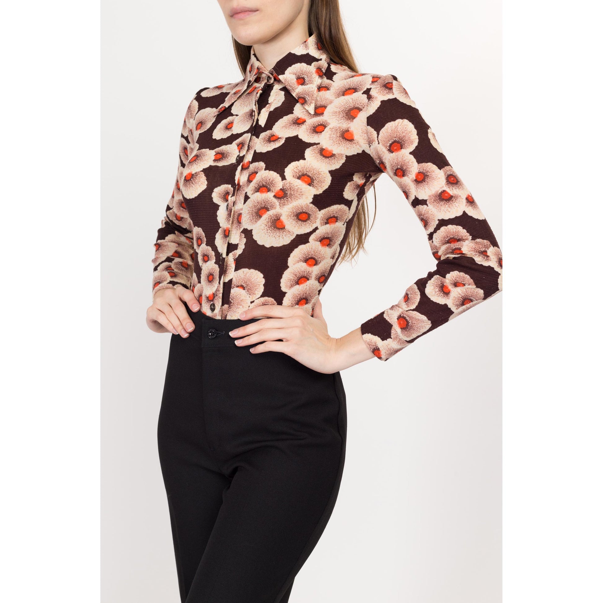 XS 70s Brown Poppy Floral Collared Bodysuit Top | Vintage Gauzy Long Sleeve Button Disco Shirt