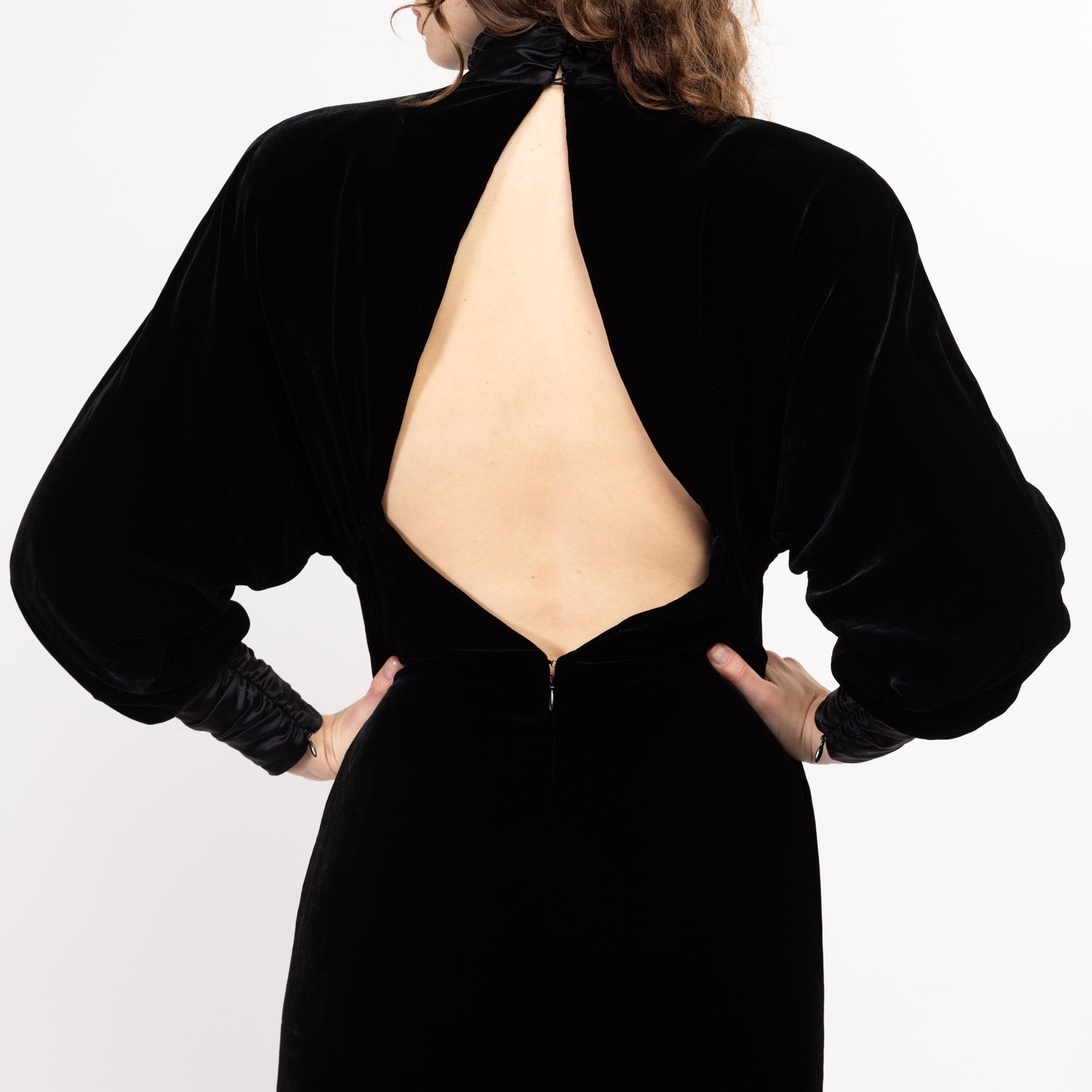 Vintage shops Dress Handmade Black Velvet Shoulder Pads Back Slit Long Sleeve FLAWED