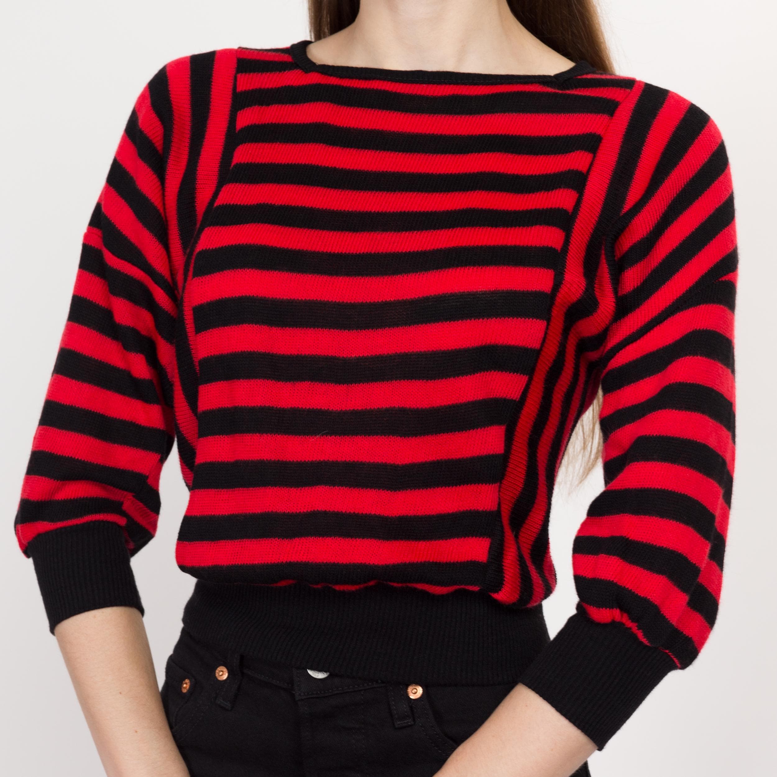 80s Bright Red Black popular Embroidered Wool Sweater Vintage Knit Cropped Designer Pullover