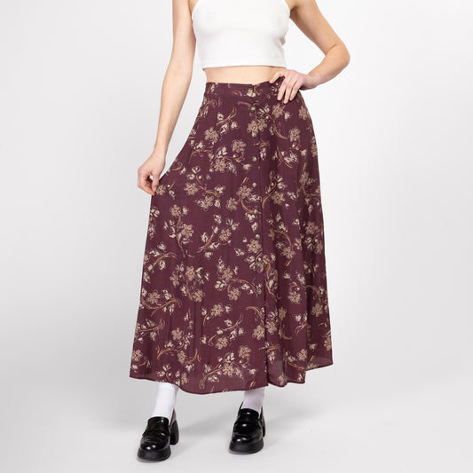 Medium 90s Mauve Floral Button Front Maxi Skirt | Vintage Boho Grunge Long Rayon Summer Skirt