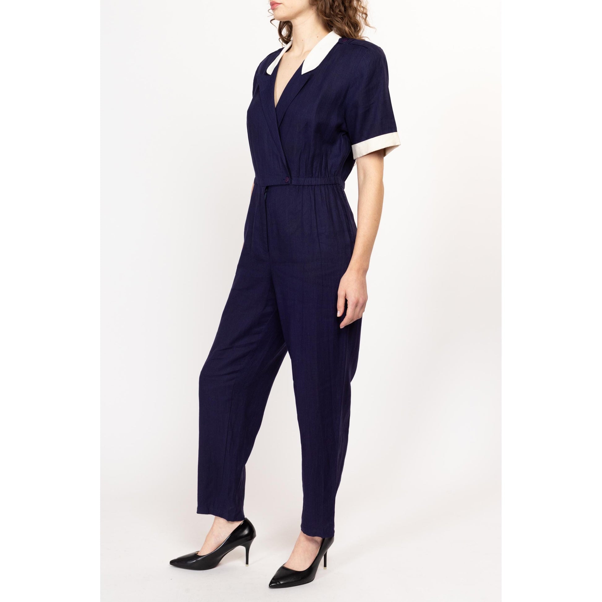 Medium 80s Navy Blue Linen Wrap Jumpsuit | Vintage Contrast Collar Short Sleeve Tapered Leg Pantsuit