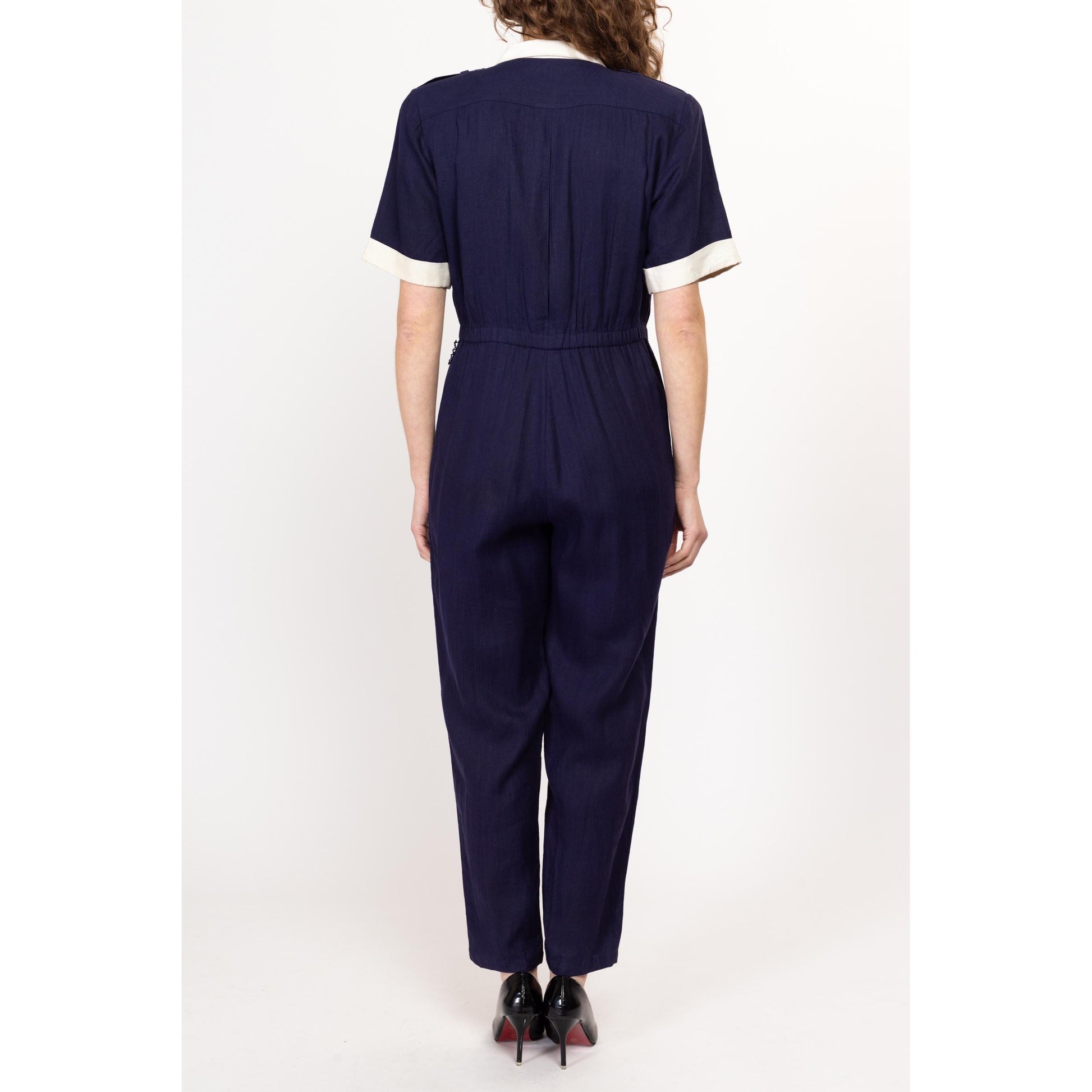 Medium 80s Navy Blue Linen Wrap Jumpsuit | Vintage Contrast Collar Short Sleeve Tapered Leg Pantsuit