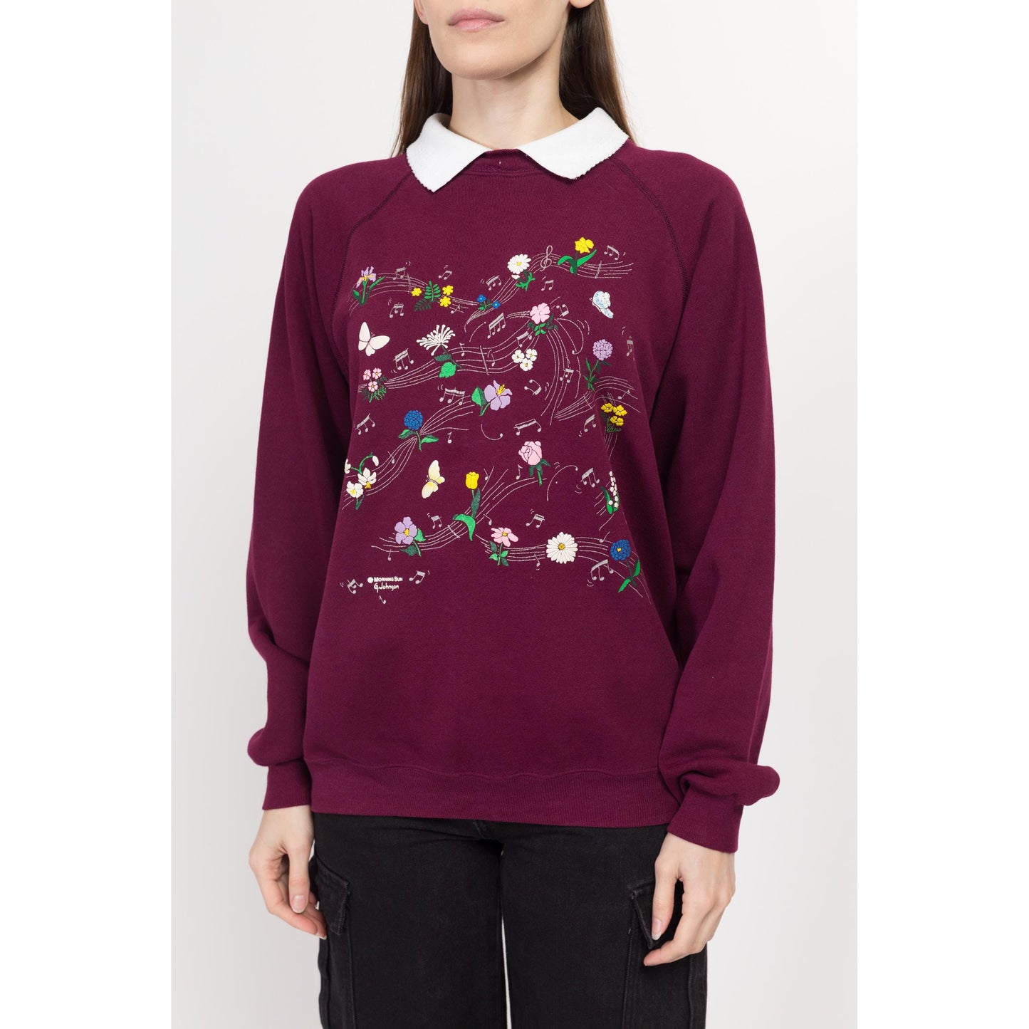 Large 90s Music Note & Butterfly Collared Sweatshirt | Vintage Burgundy Windy Floral Graphic Pullover