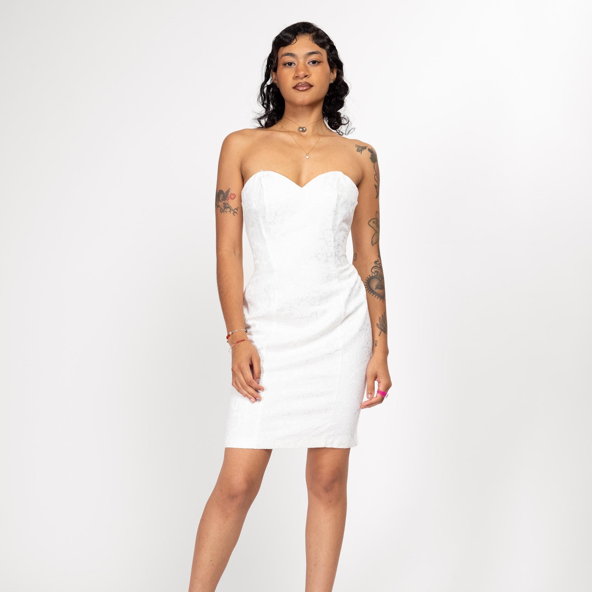 Medium 80s White Jacquard Strapless Mini Dress | Vintage Sweetheart Neck Fitted Cocktail Party Dress