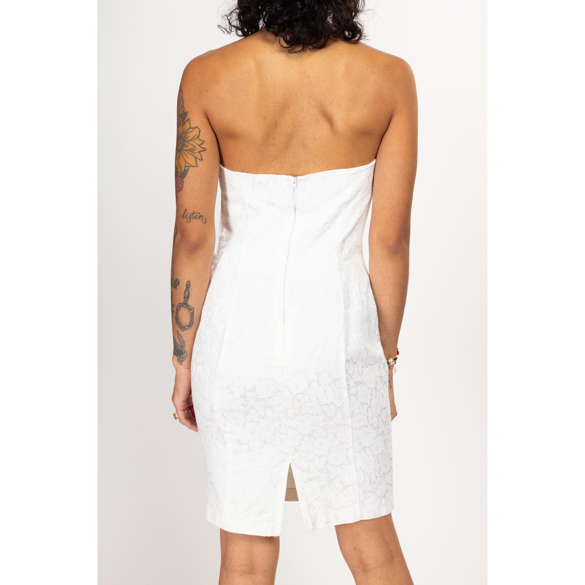 Medium 80s White Jacquard Strapless Mini Dress | Vintage Sweetheart Neck Fitted Cocktail Party Dress