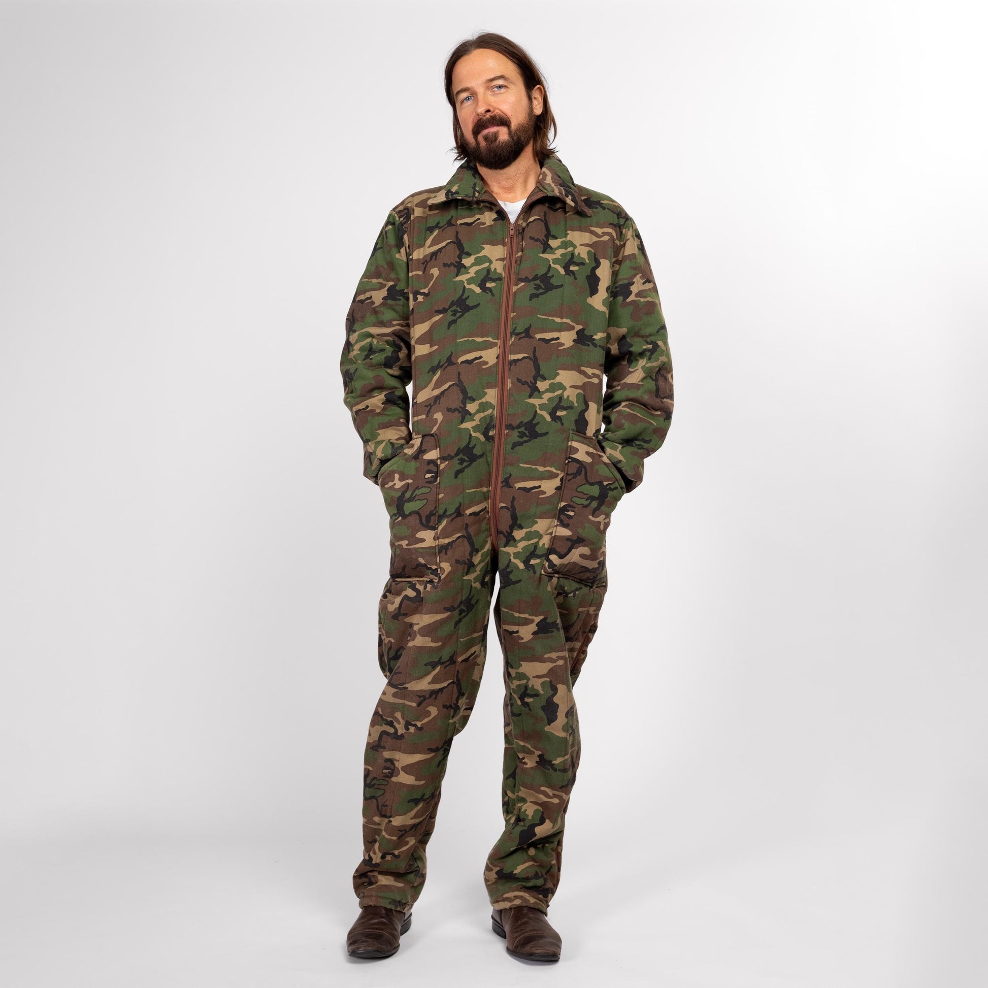 Large 70s Camouflage Quilted Coveralls | Vintage Insulated Camo Outdoor Gear Hunting Jumpsuit