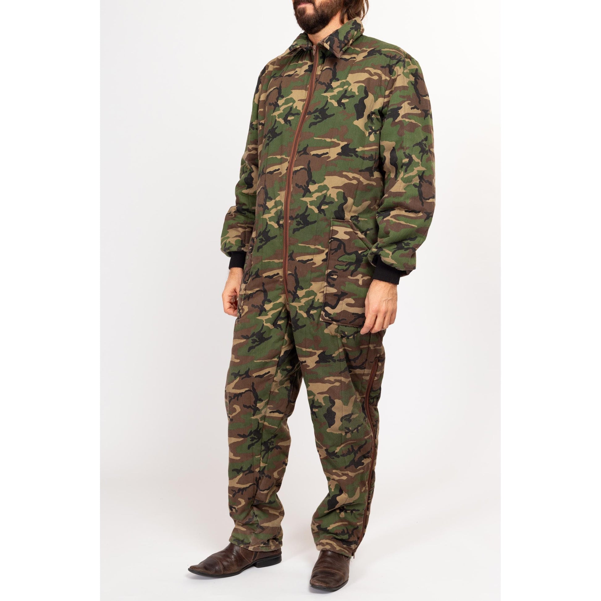 Large 70s Camouflage Quilted Coveralls | Vintage Insulated Camo Outdoor Gear Hunting Jumpsuit