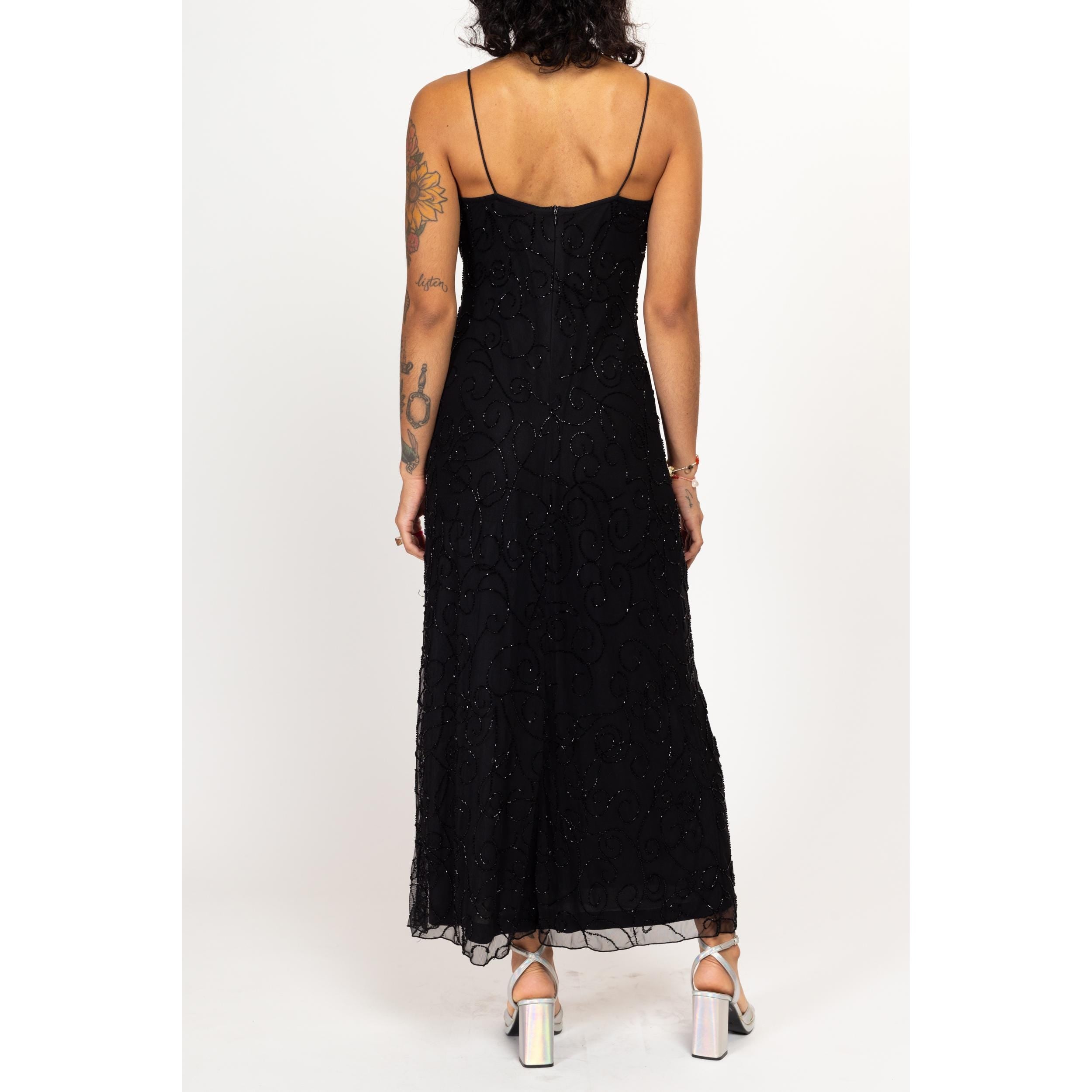 90s Low Back High Neck Spaghetti Formal Dress deals | 1990s Tristan & Iseut Black Iridescent Gown | Vintage 90s Long Black Slip Dress | Size 10