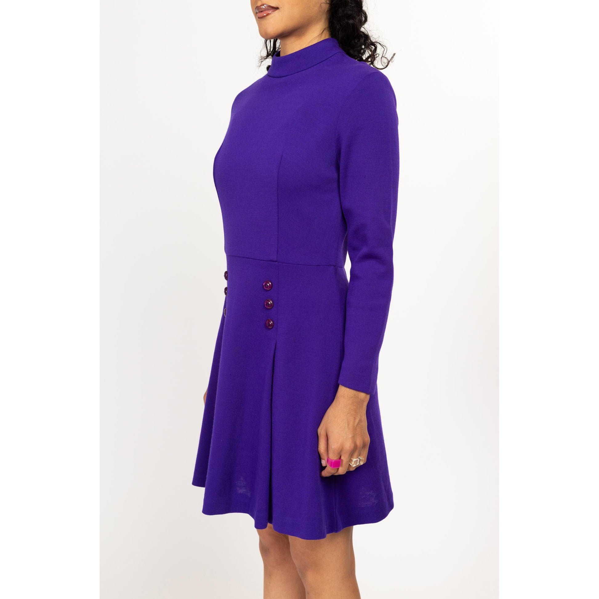 Medium 60s Mod Space Age Royal Purple Mini Dress | Vintage Fit Flare Retro Long Sleeve Wool Dress