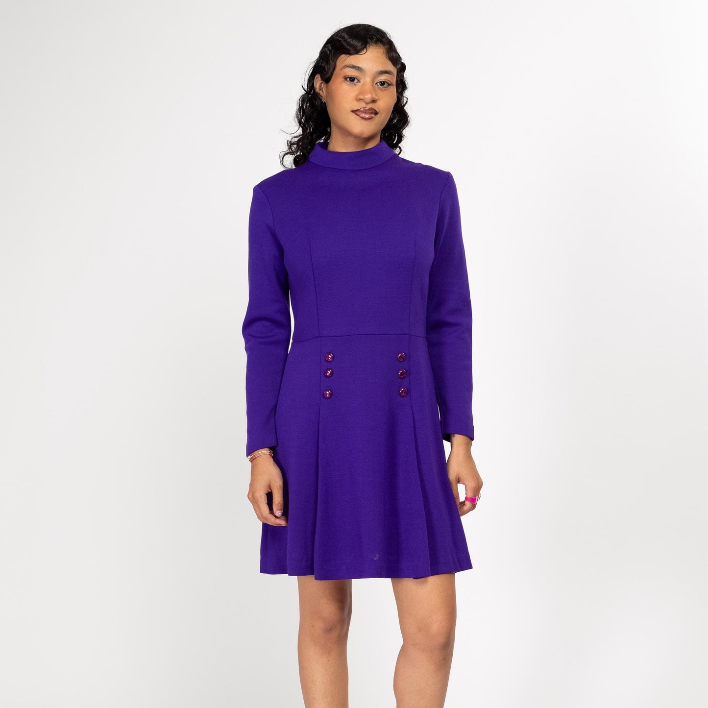 Medium 60s Mod Space Age Royal Purple Mini Dress | Vintage Fit Flare Retro Long Sleeve Wool Dress