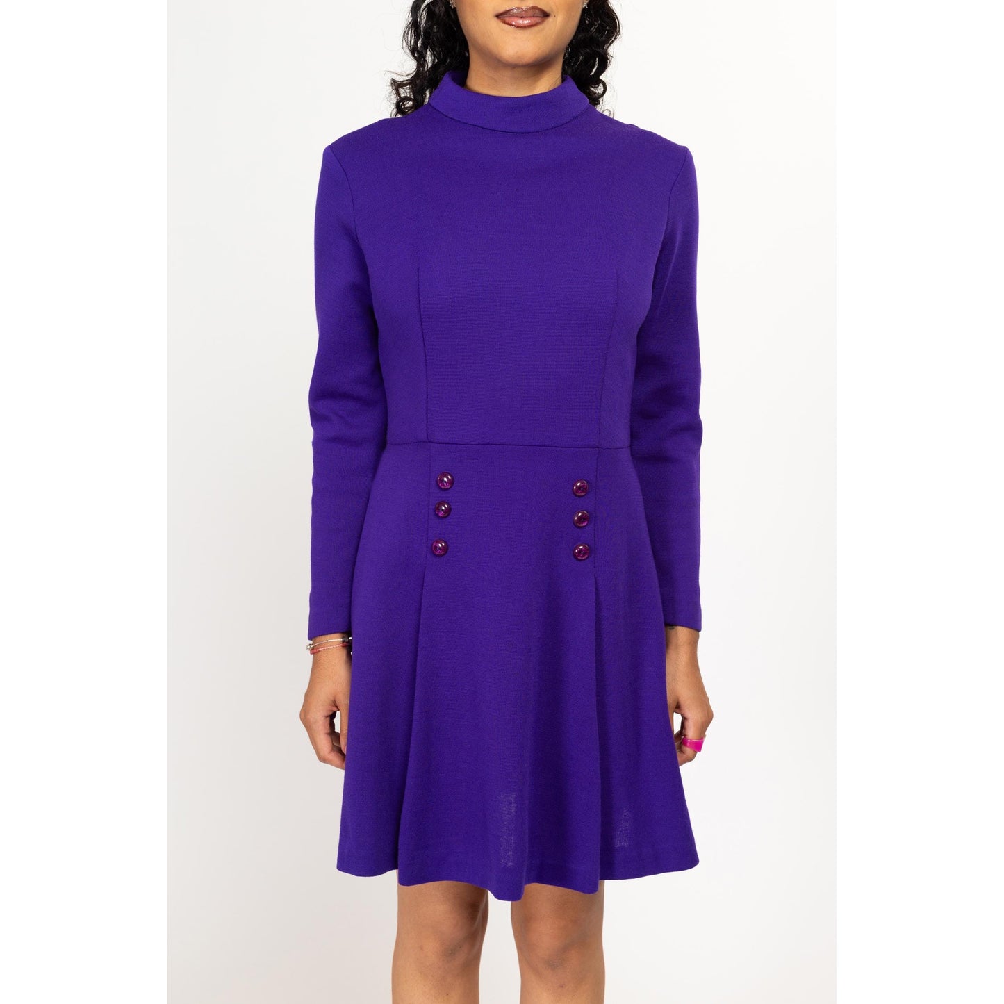 Medium 60s Mod Space Age Royal Purple Mini Dress | Vintage Fit Flare Retro Long Sleeve Wool Dress