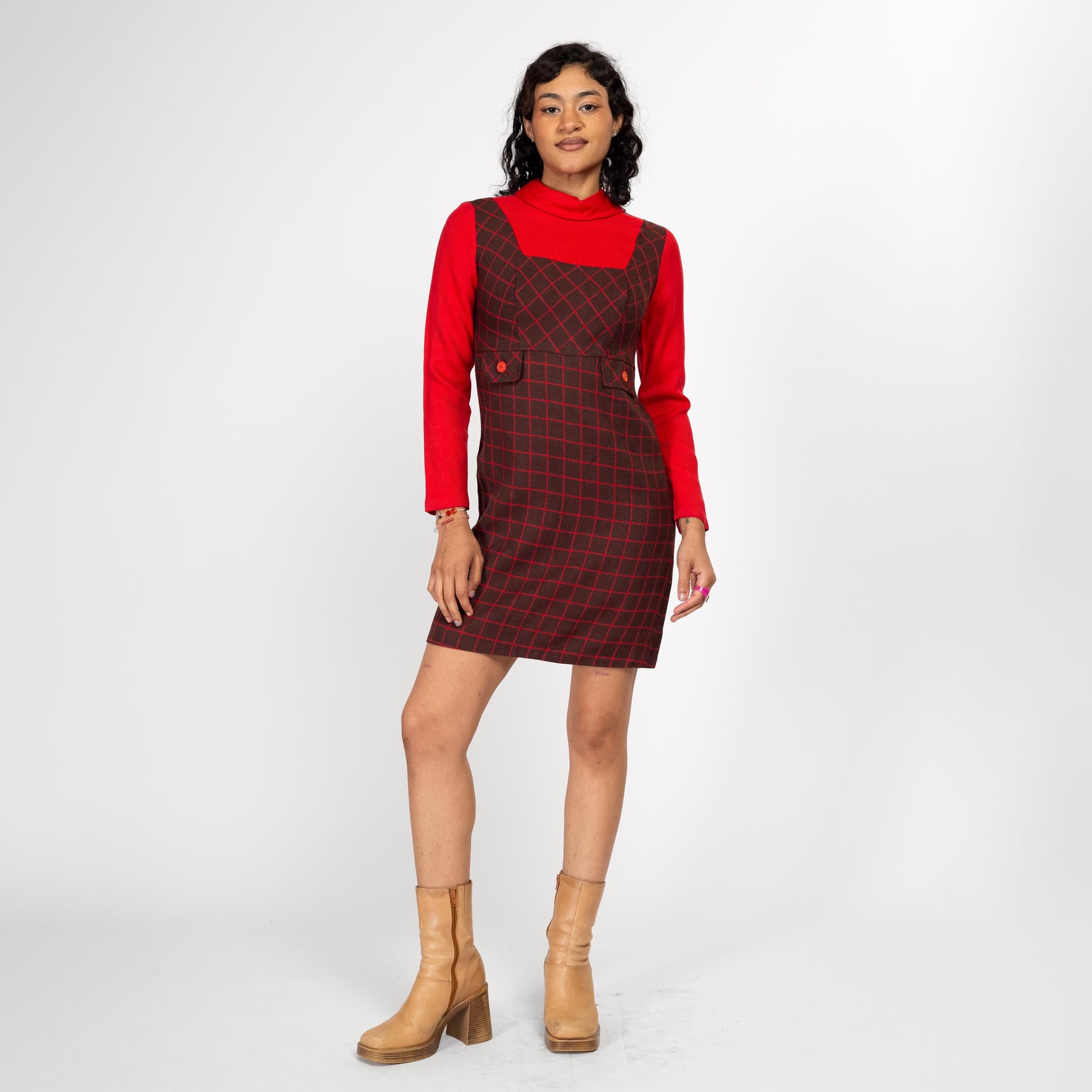 Small 60s Mod Plaid Trompe L'oeil Pinafore Mini Dress | Vintage Red Brown Long Sleeve A Line Dress