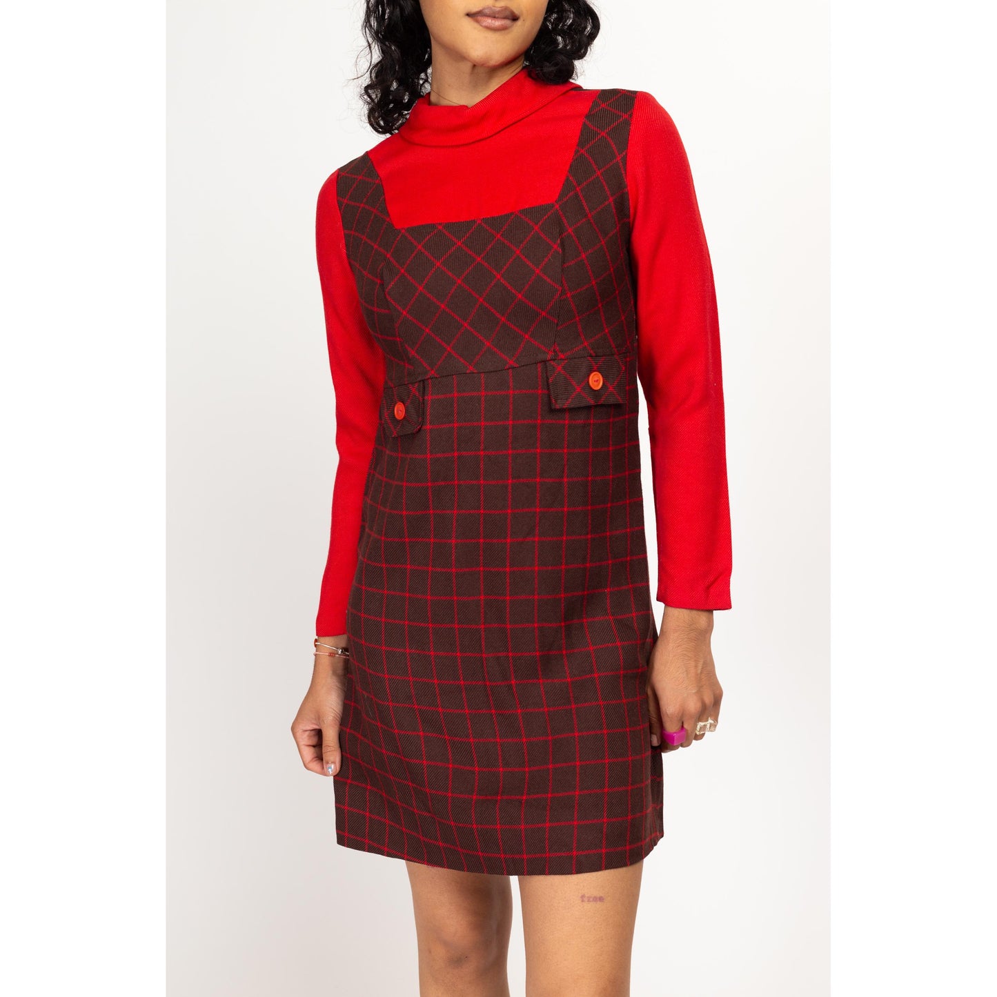 Small 60s Mod Plaid Trompe L'oeil Pinafore Mini Dress | Vintage Red Brown Long Sleeve A Line Dress