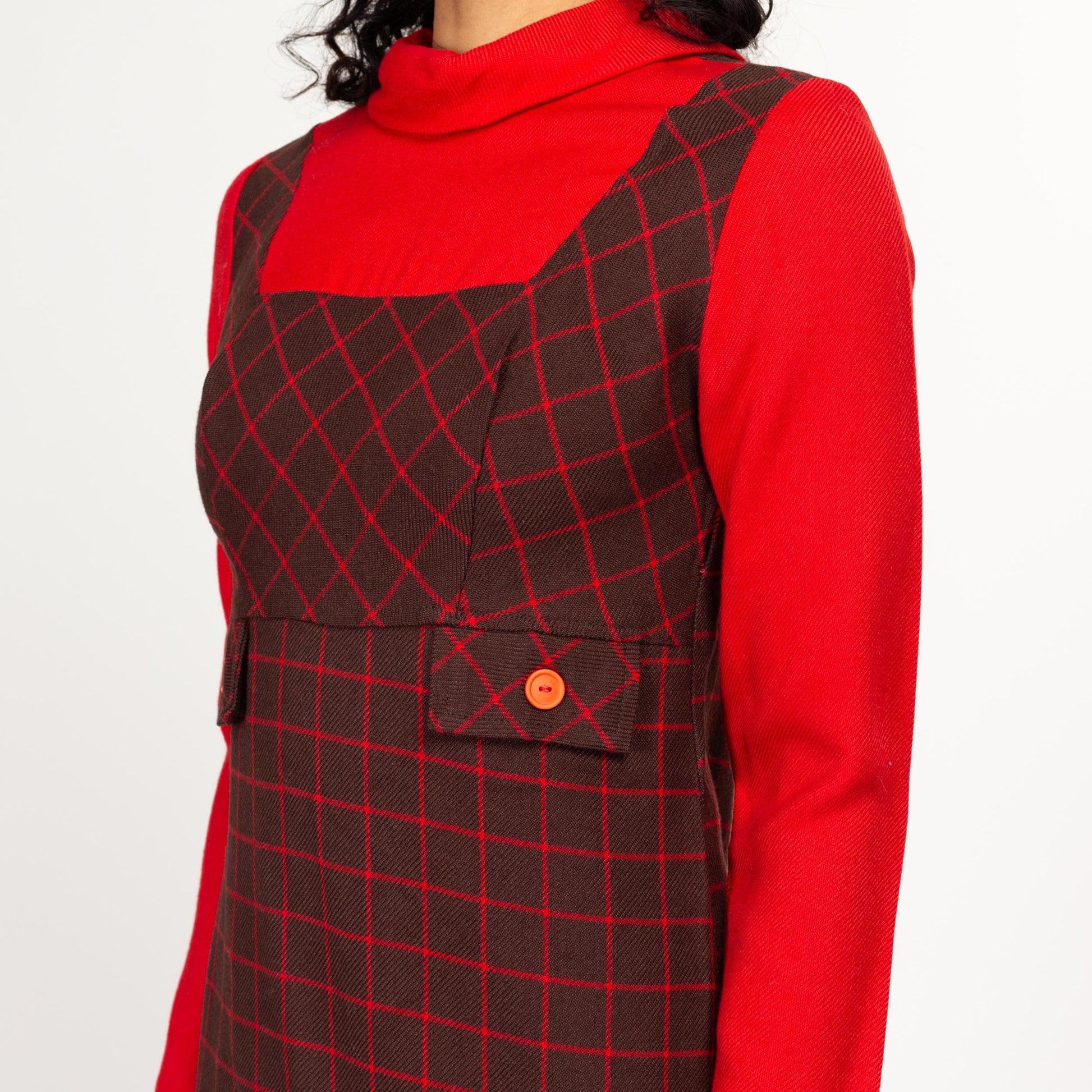 Small 60s Mod Plaid Trompe L'oeil Pinafore Mini Dress | Vintage Red Brown Long Sleeve A Line Dress