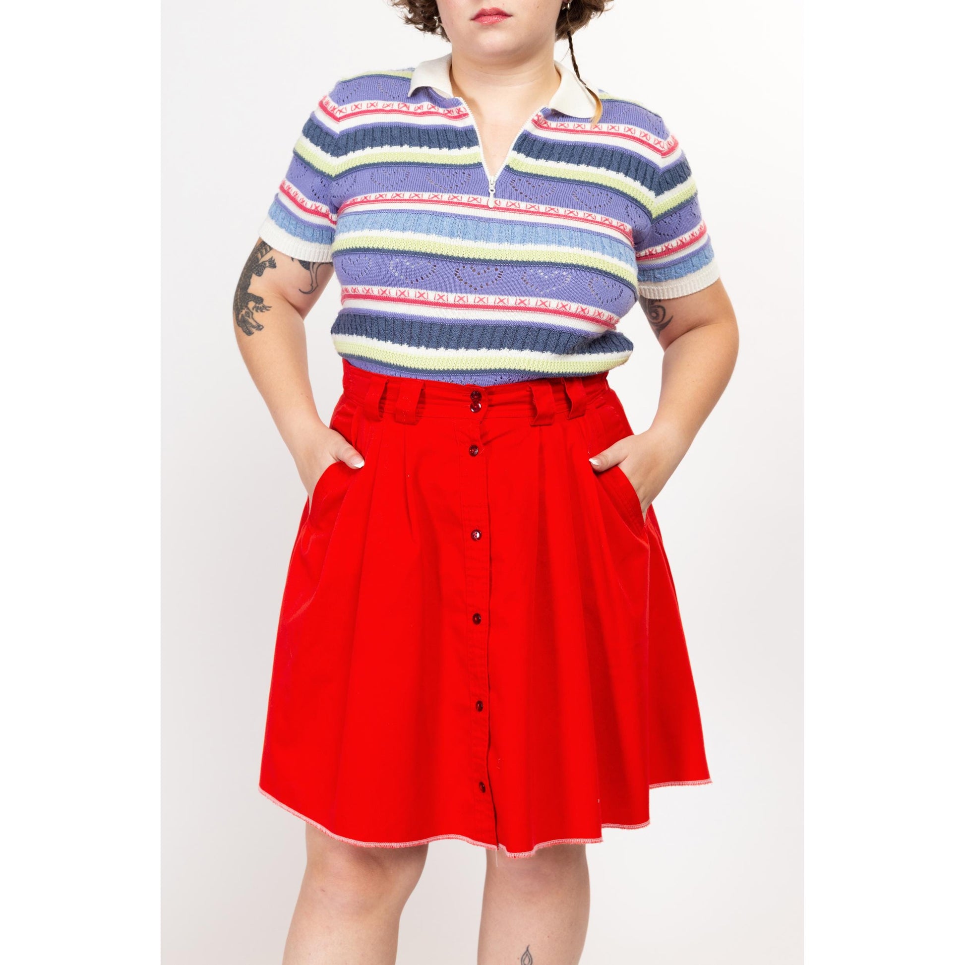 Large 80s Red Button Front Mini Skater Skirt | Vintage Pleated High Waisted Preppy Miniskirt