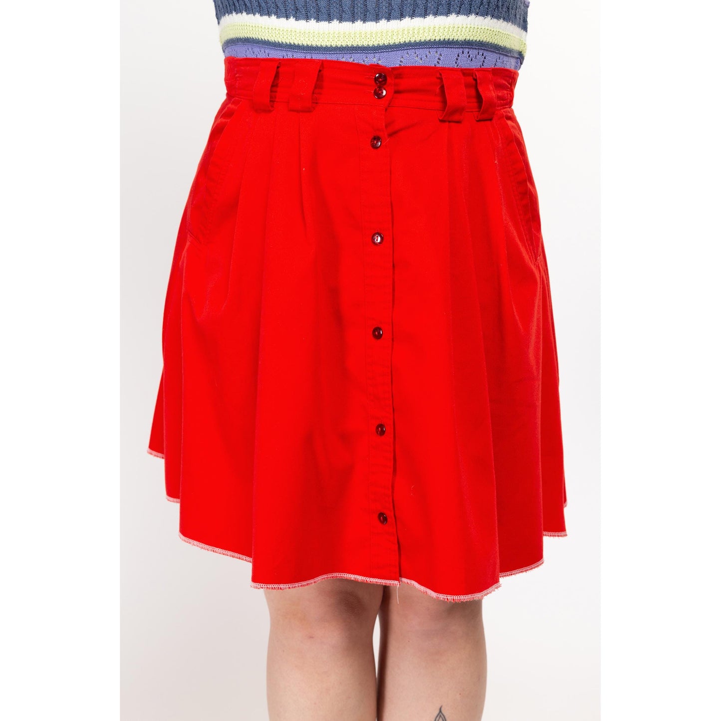 Large 80s Red Button Front Mini Skater Skirt | Vintage Pleated High Waisted Preppy Miniskirt