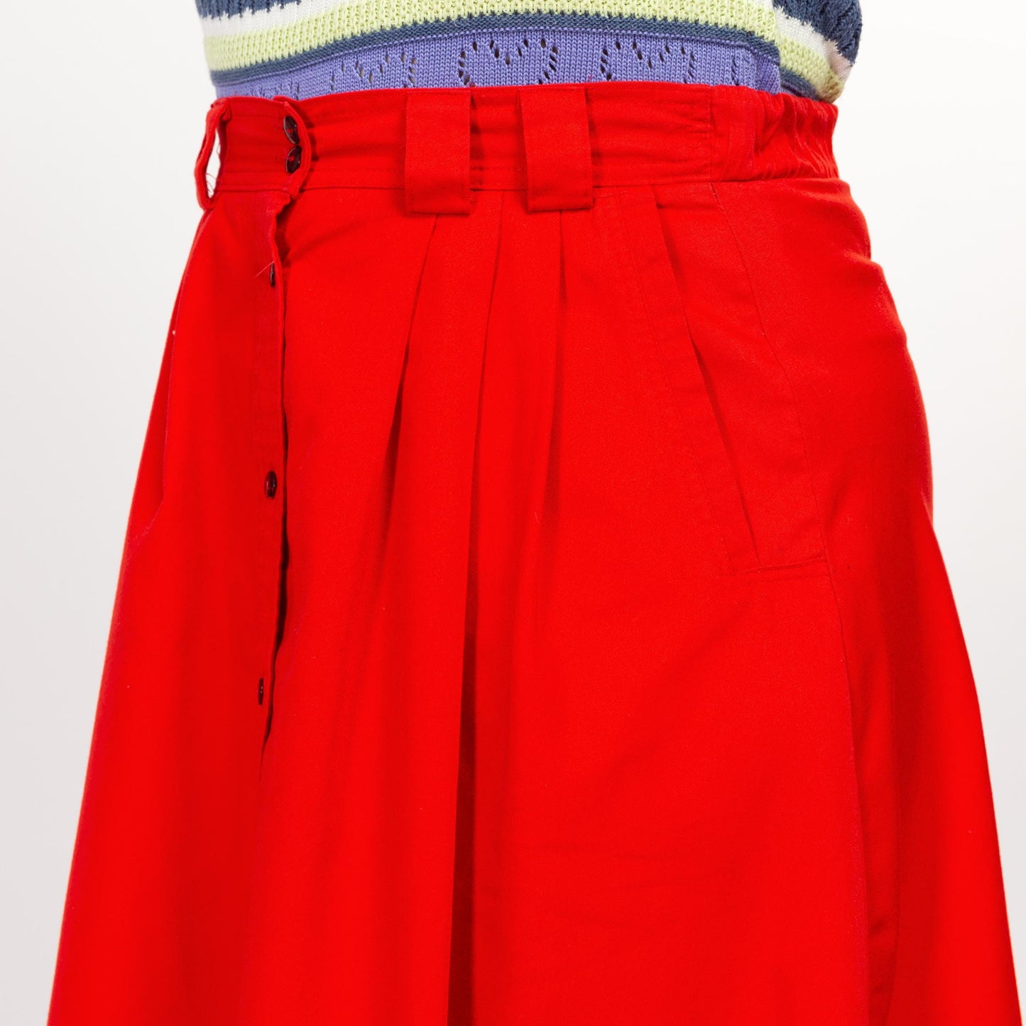 Large 80s Red Button Front Mini Skater Skirt | Vintage Pleated High Waisted Preppy Miniskirt