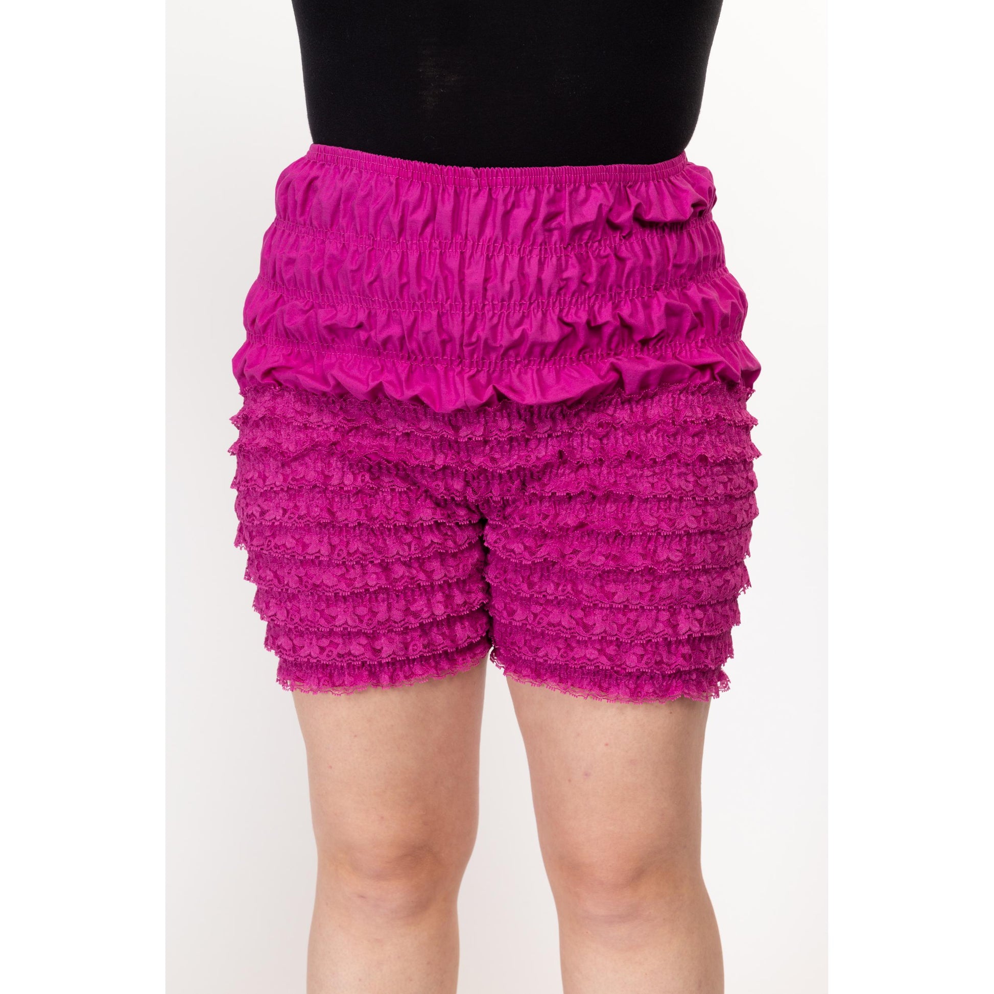 Lrg-XL 70s Fuchsia Pink Ruffled Lace Bloomers | Vintage Malco Modes Pettipants Retro Lingerie