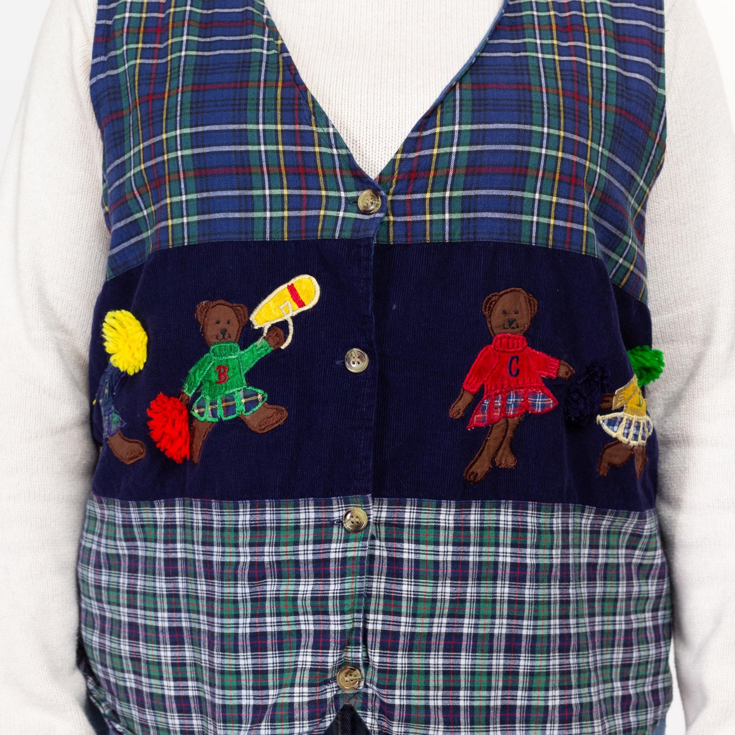 2X 90s Teddy Bear Cheerleader School Novelty Vest | Retro Vintage School Teacher Blue Flannel Corduroy Sleeveless Top