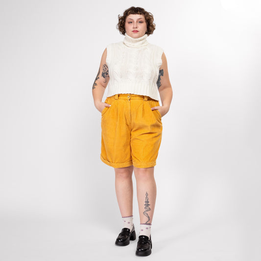 Lrg-XL 90s Mustard Yellow Corduroy Shorts | Vintage Pleated High Waisted Long Cuffed Shorts