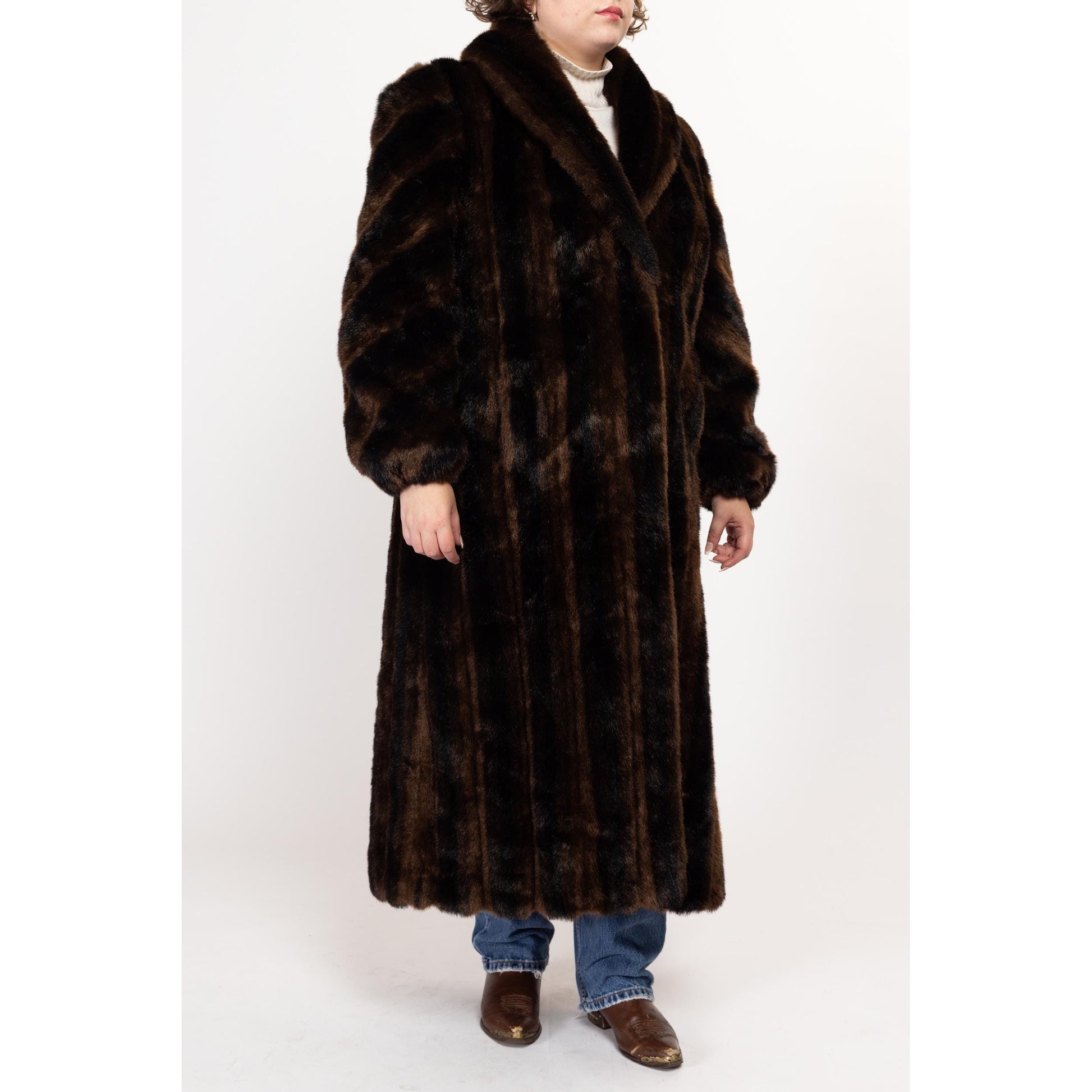 Large 80s Brown & Black Striped Faux Fur Maxi Coat | Vintage Glam Plush Long Winter Teddy Jacket