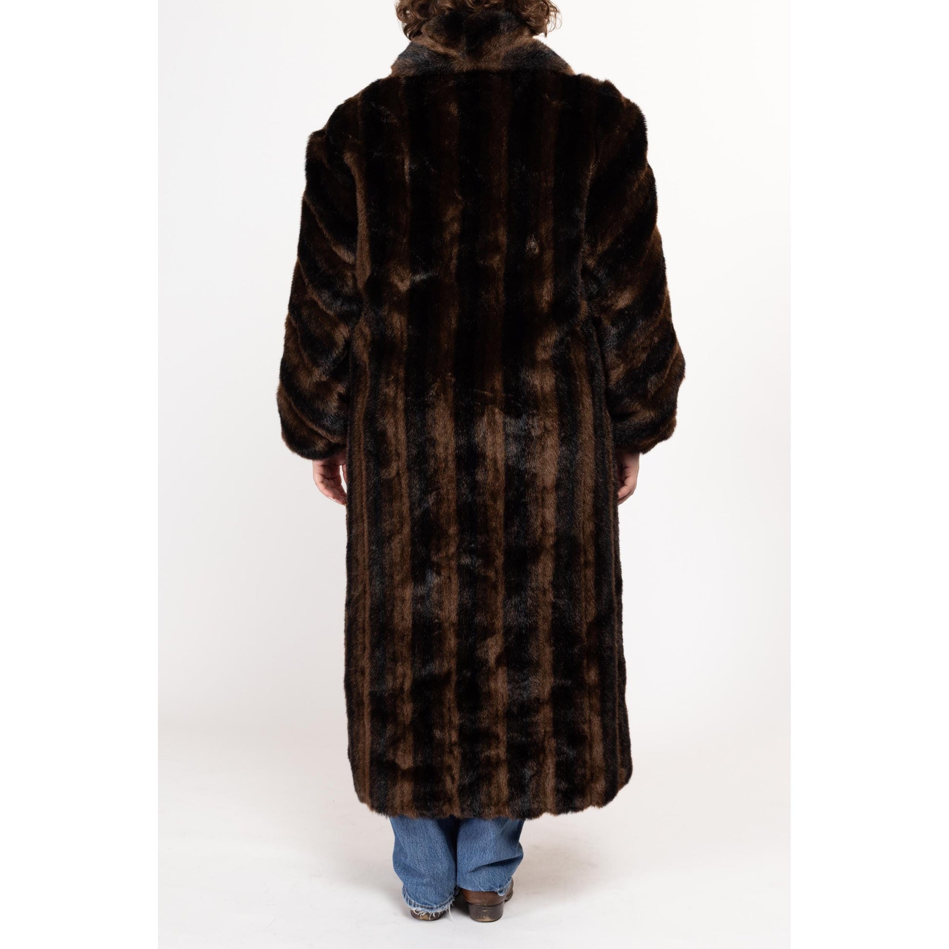 Large 80s Brown & Black Striped Faux Fur Maxi Coat | Vintage Glam Plush Long Winter Teddy Jacket