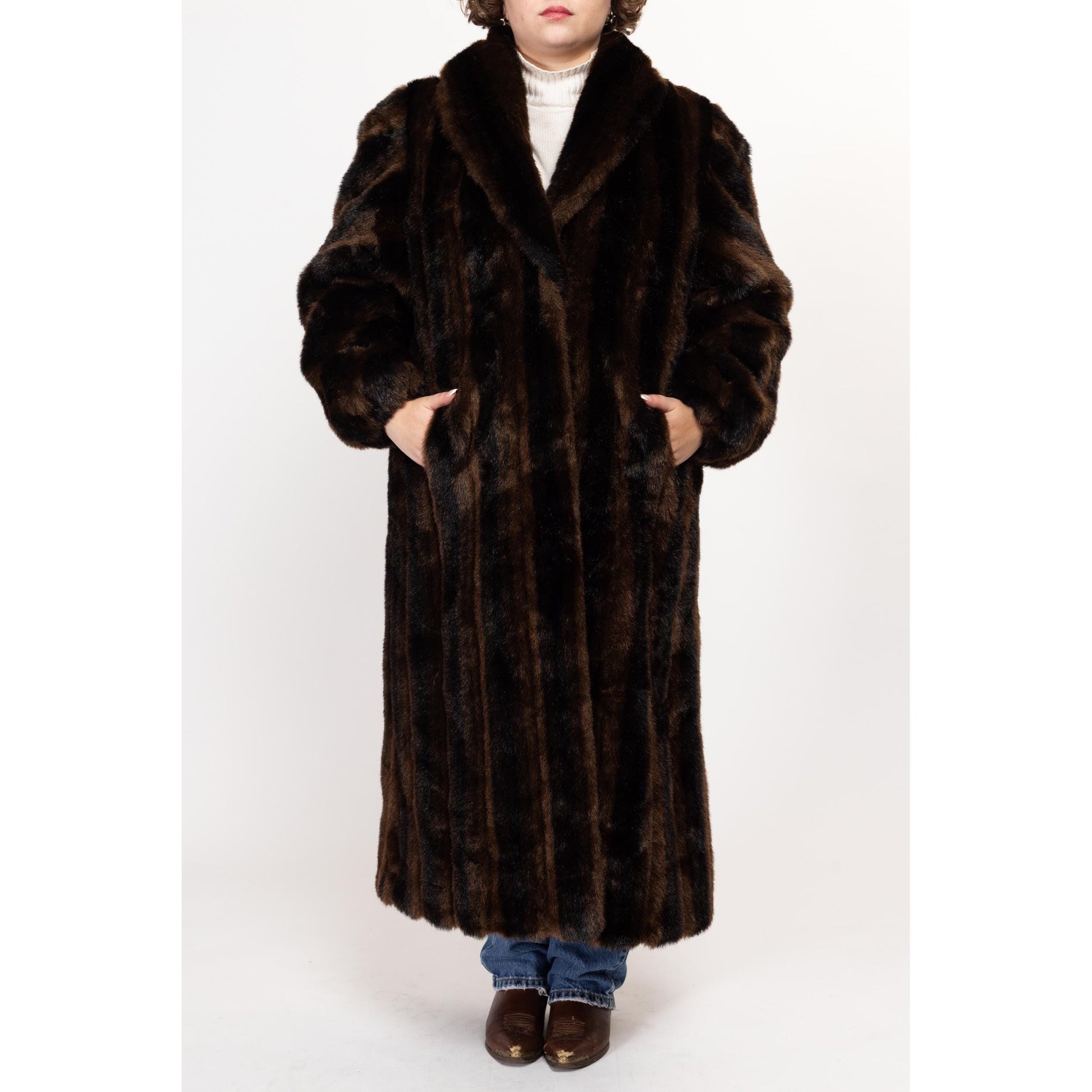 Large 80s Brown & Black Striped Faux Fur Maxi Coat | Vintage Glam Plush Long Winter Teddy Jacket