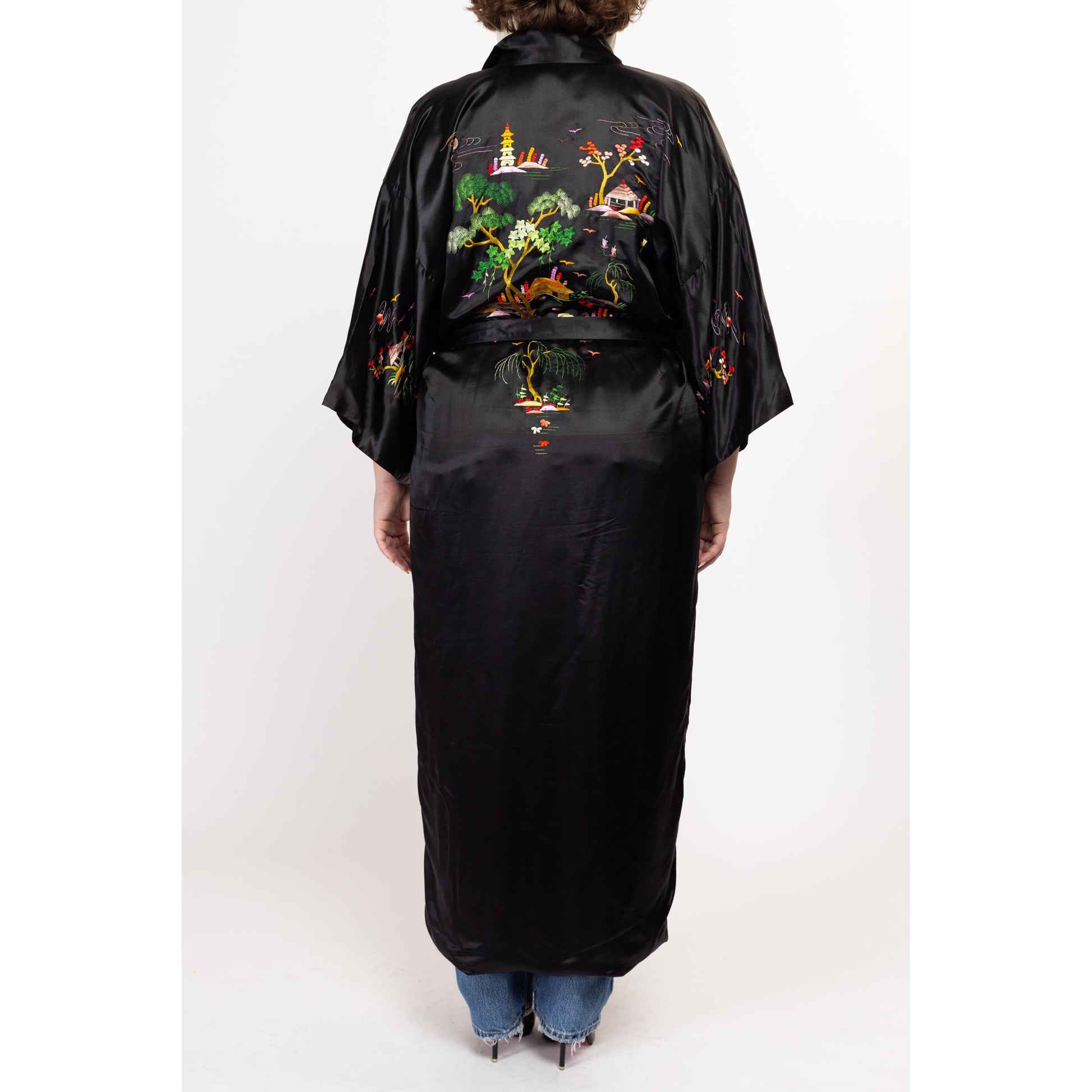 Large 70s 80s Black Silk Embroidered Chinese Robe | Vintage Golden Bee Satin Pagoda Long Kimono Smoking Jacket