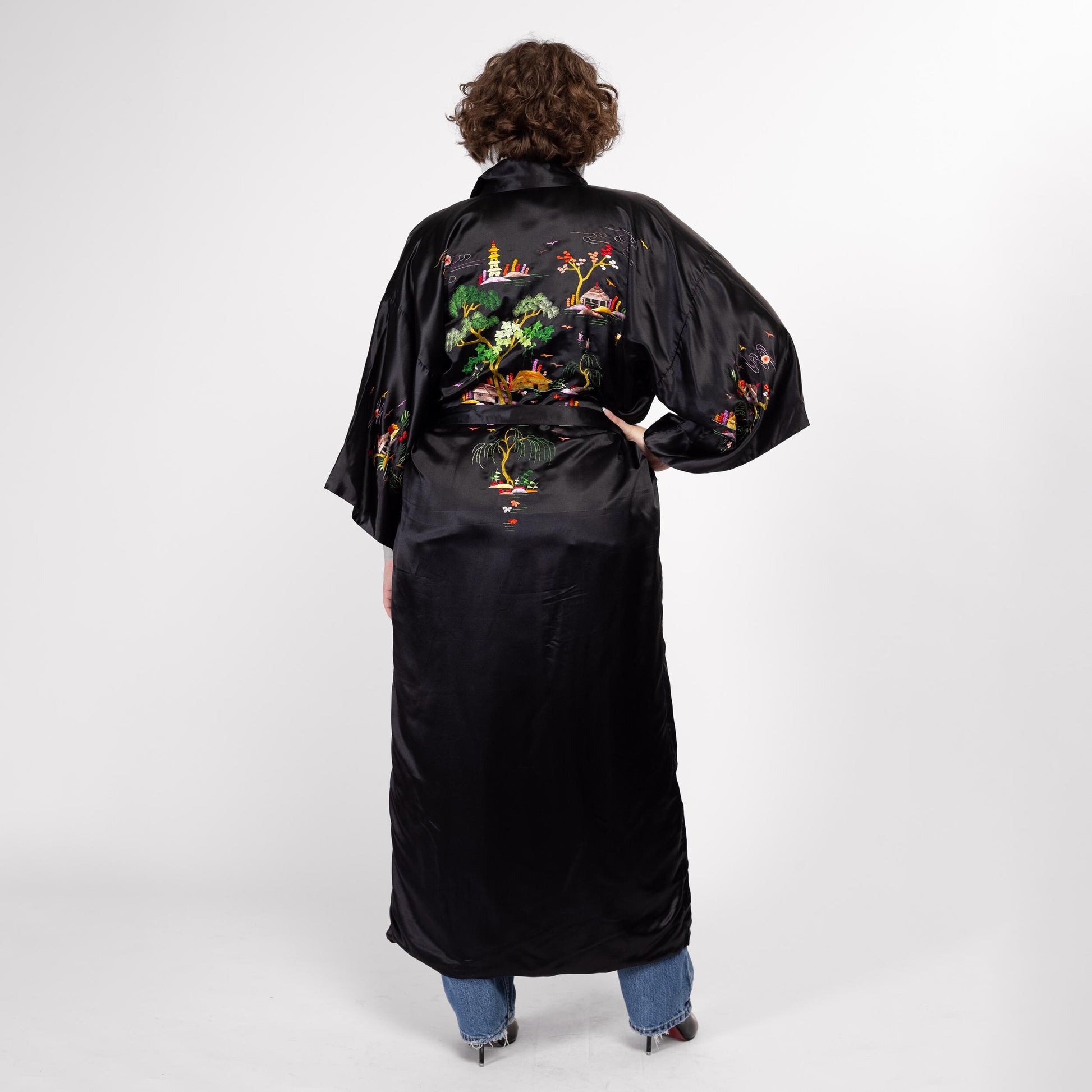 Large 70s 80s Black Silk Embroidered Chinese Robe | Vintage Golden Bee Satin Pagoda Long Kimono Smoking Jacket