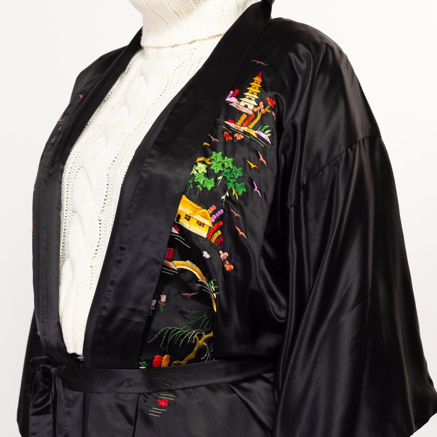 Large 70s 80s Black Silk Embroidered Chinese Robe | Vintage Golden Bee Satin Pagoda Long Kimono Smoking Jacket