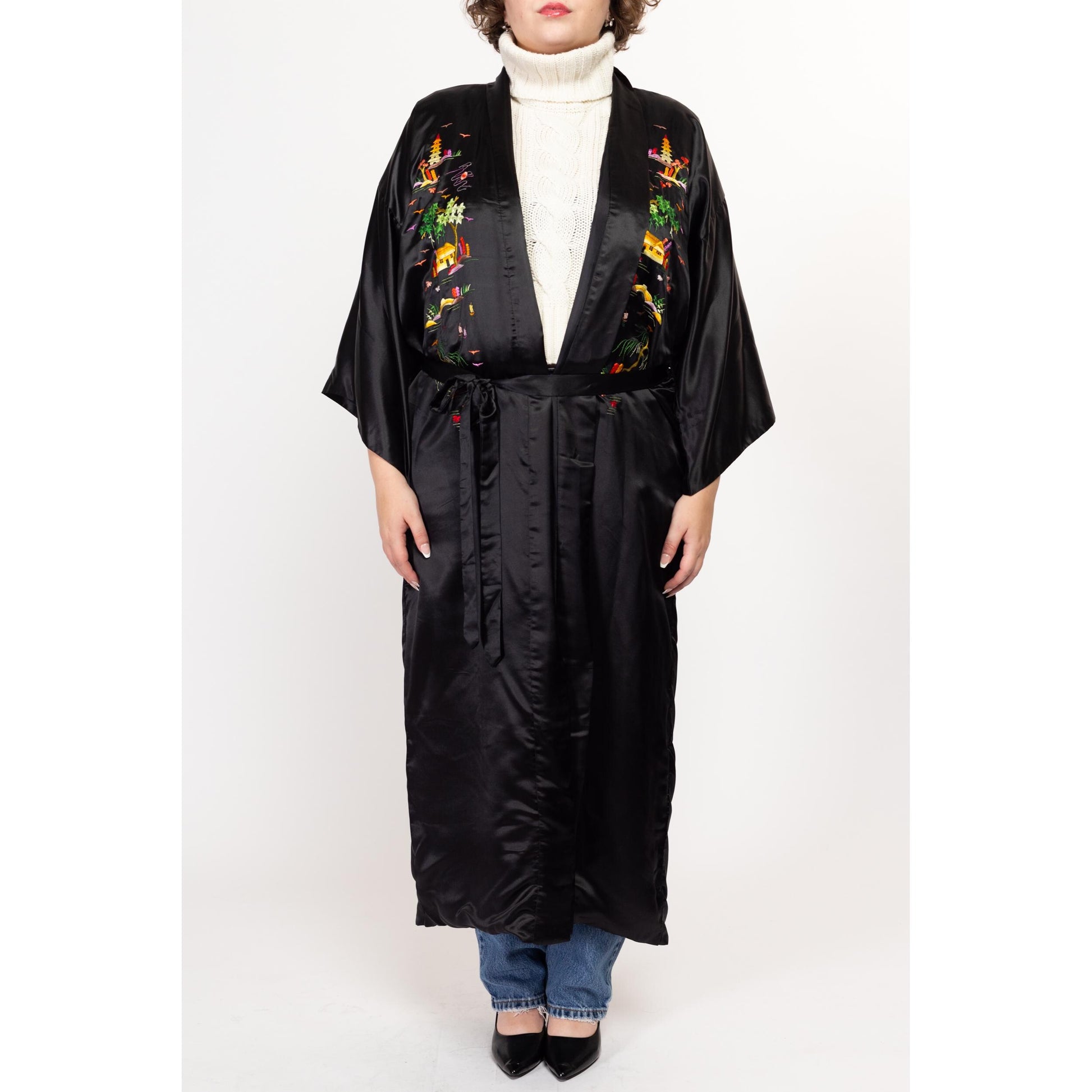 Large 70s 80s Black Silk Embroidered Chinese Robe | Vintage Golden Bee Satin Pagoda Long Kimono Smoking Jacket