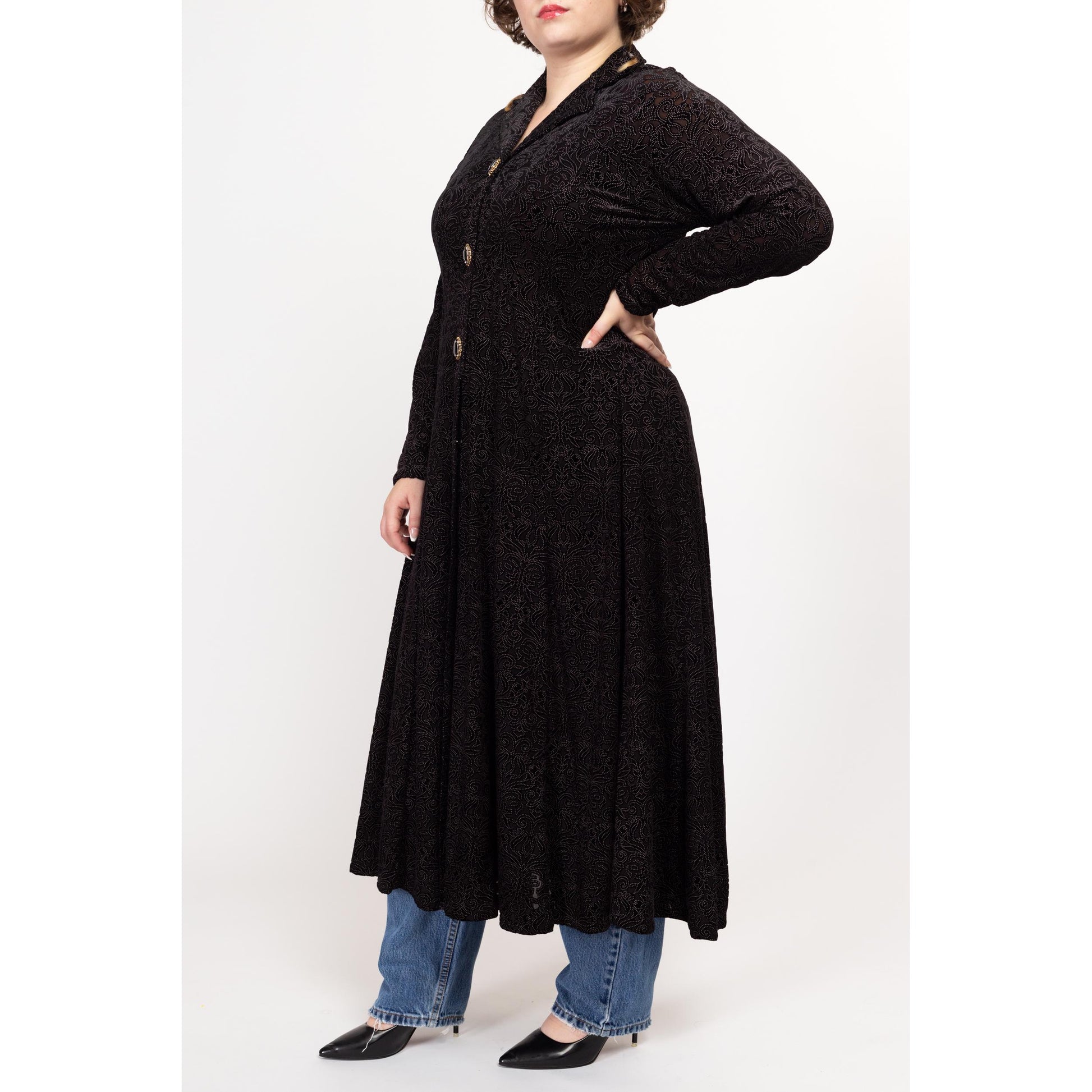 1X 80s Black Velvet Burnout Maxi Overshirt | Vintage Long Sleeve Button Up Shirt Dress Cover Up