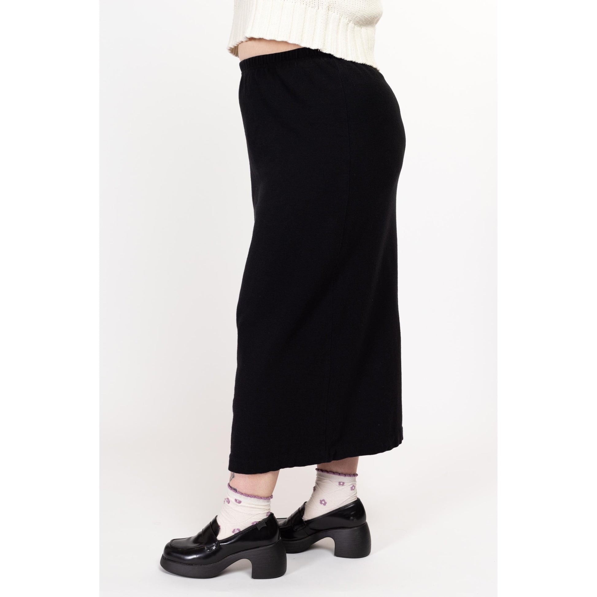 Large 90s Black Waffle Knit Midi Skirt | Vintage Minimalist High Waisted Stretchy Skirt