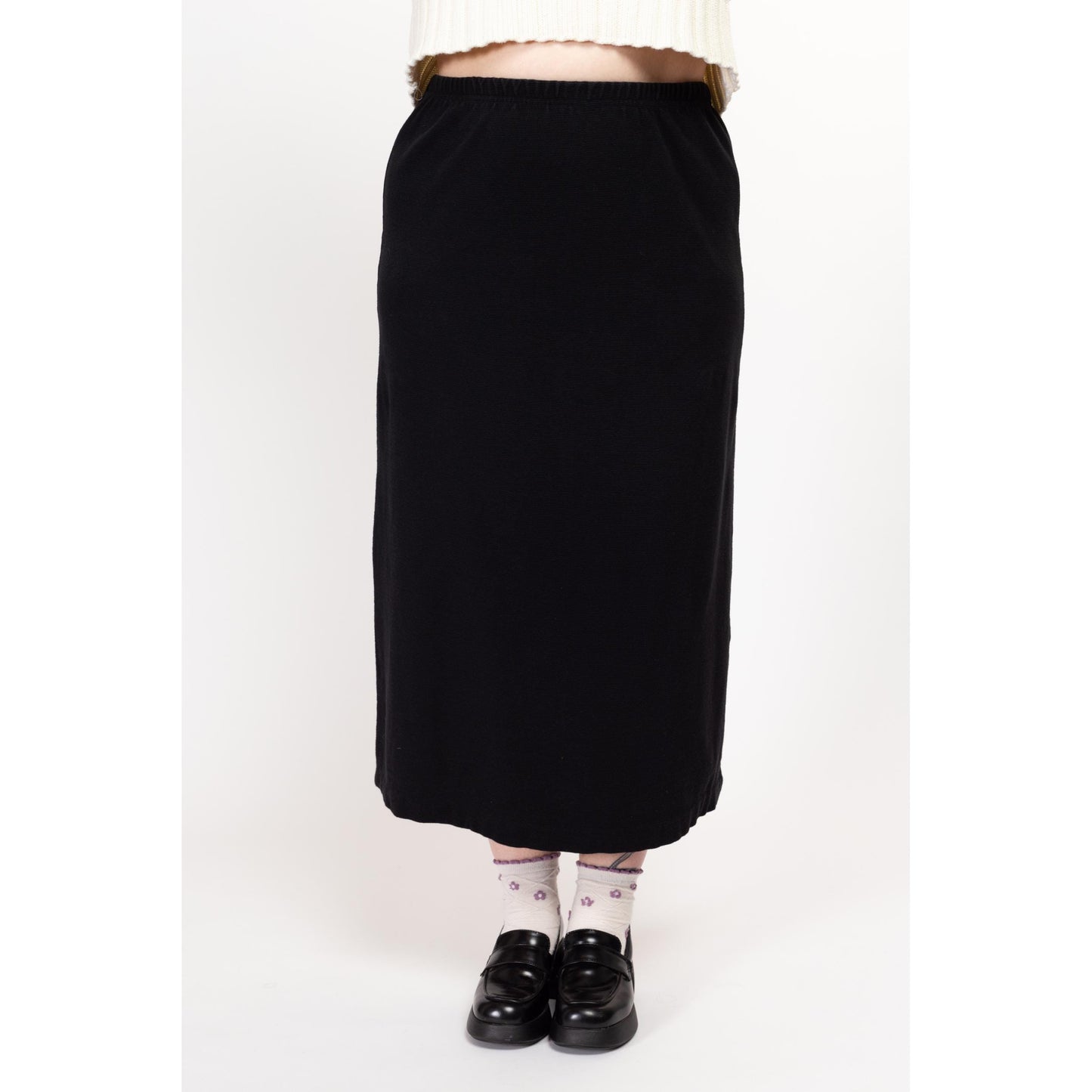 Large 90s Black Waffle Knit Midi Skirt | Vintage Minimalist High Waisted Stretchy Skirt