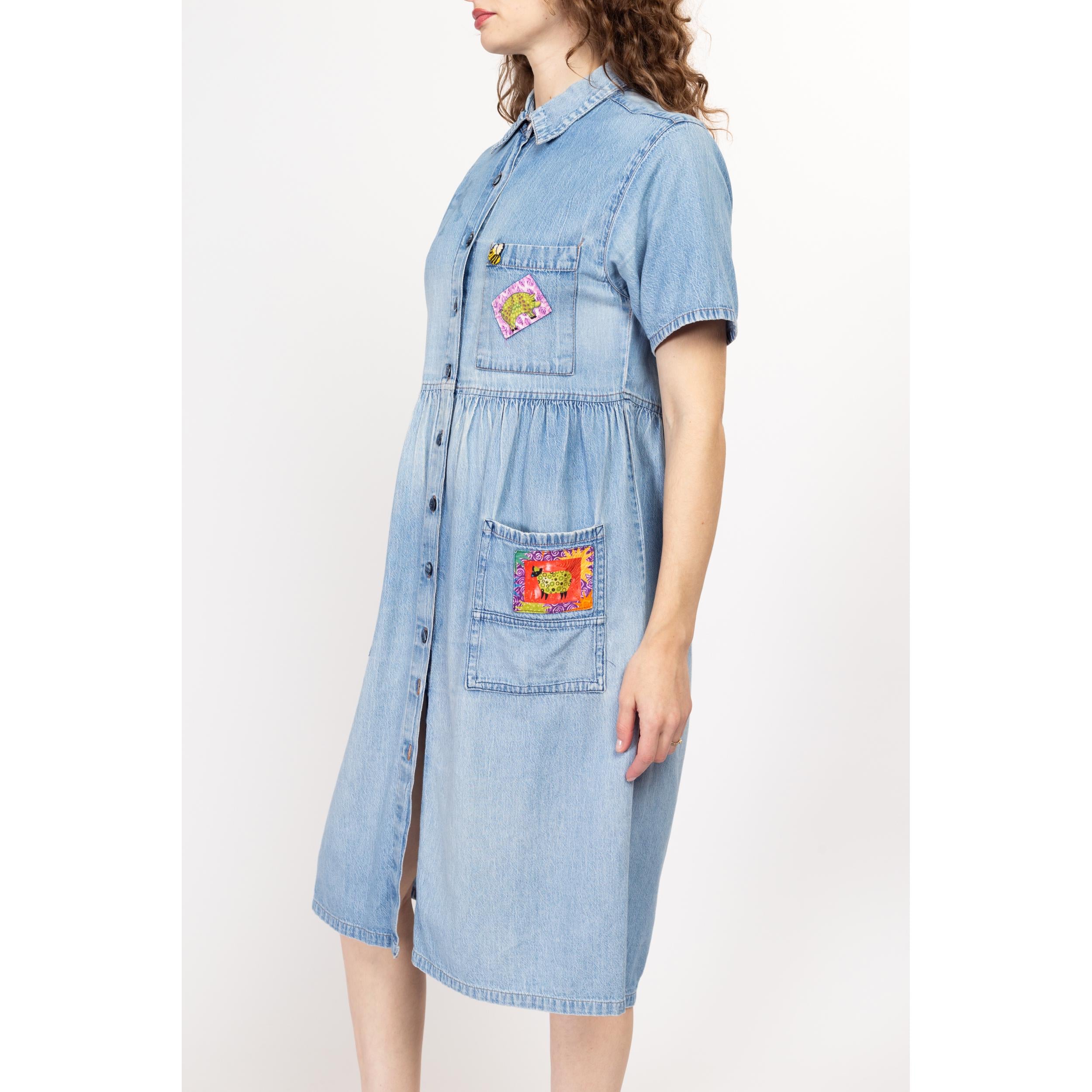 Flying Apple Vintage Medium 90s Patched Denim Midi Shirtdress