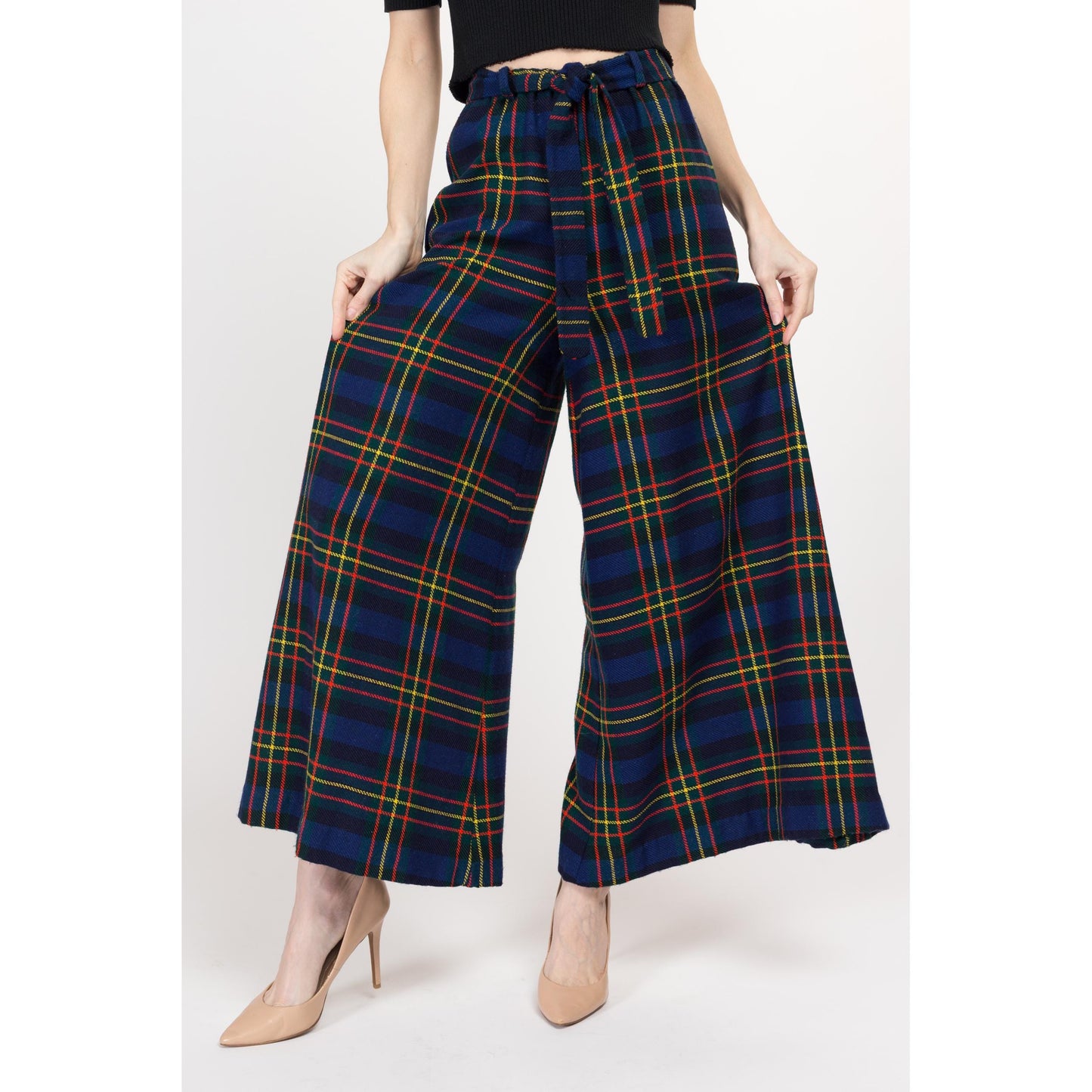 XS-Sm 70s Plaid Knit Elephant Bell Bottoms 24"-27" | Retro Vintage High Waisted Flared Palazzo Pants