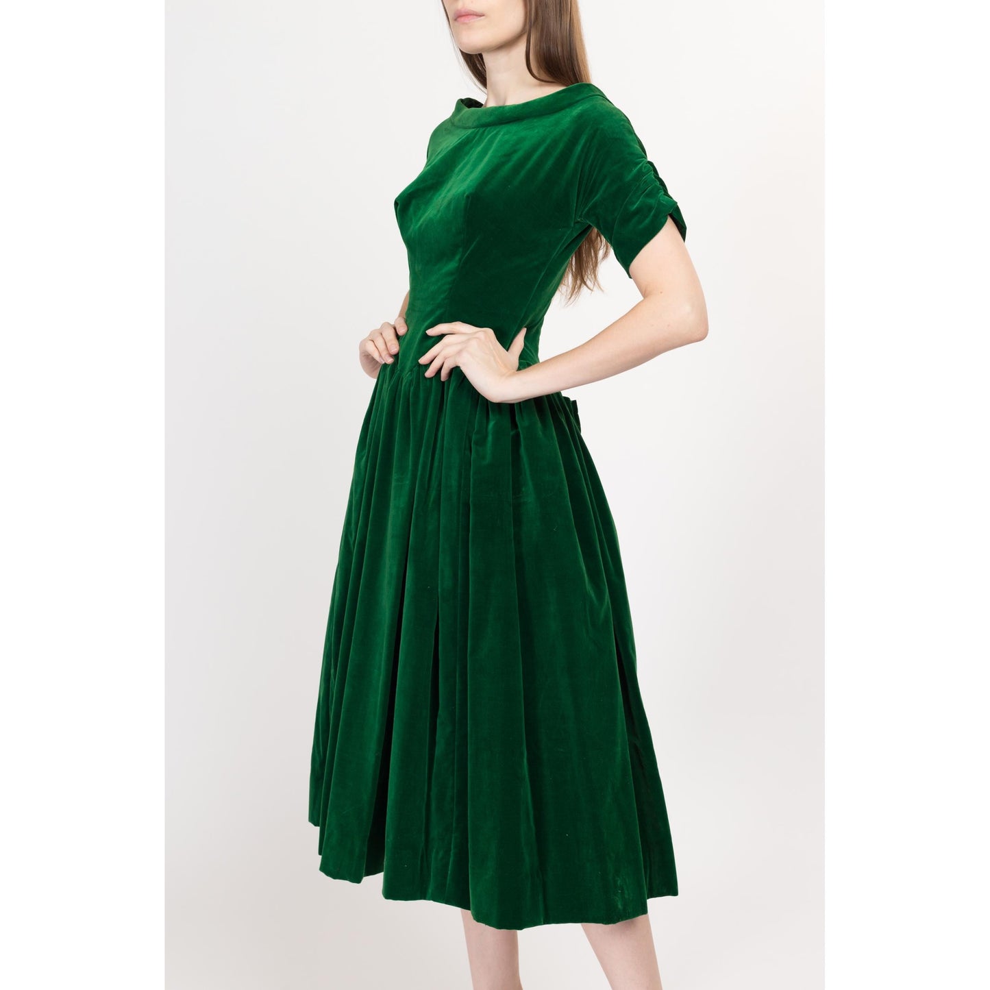 XS 1950s Emerald Green Velvet Bow Fit & Flare Party Dress | Vintage 50 Short Sleeve Low Back Midi Holiday Dress