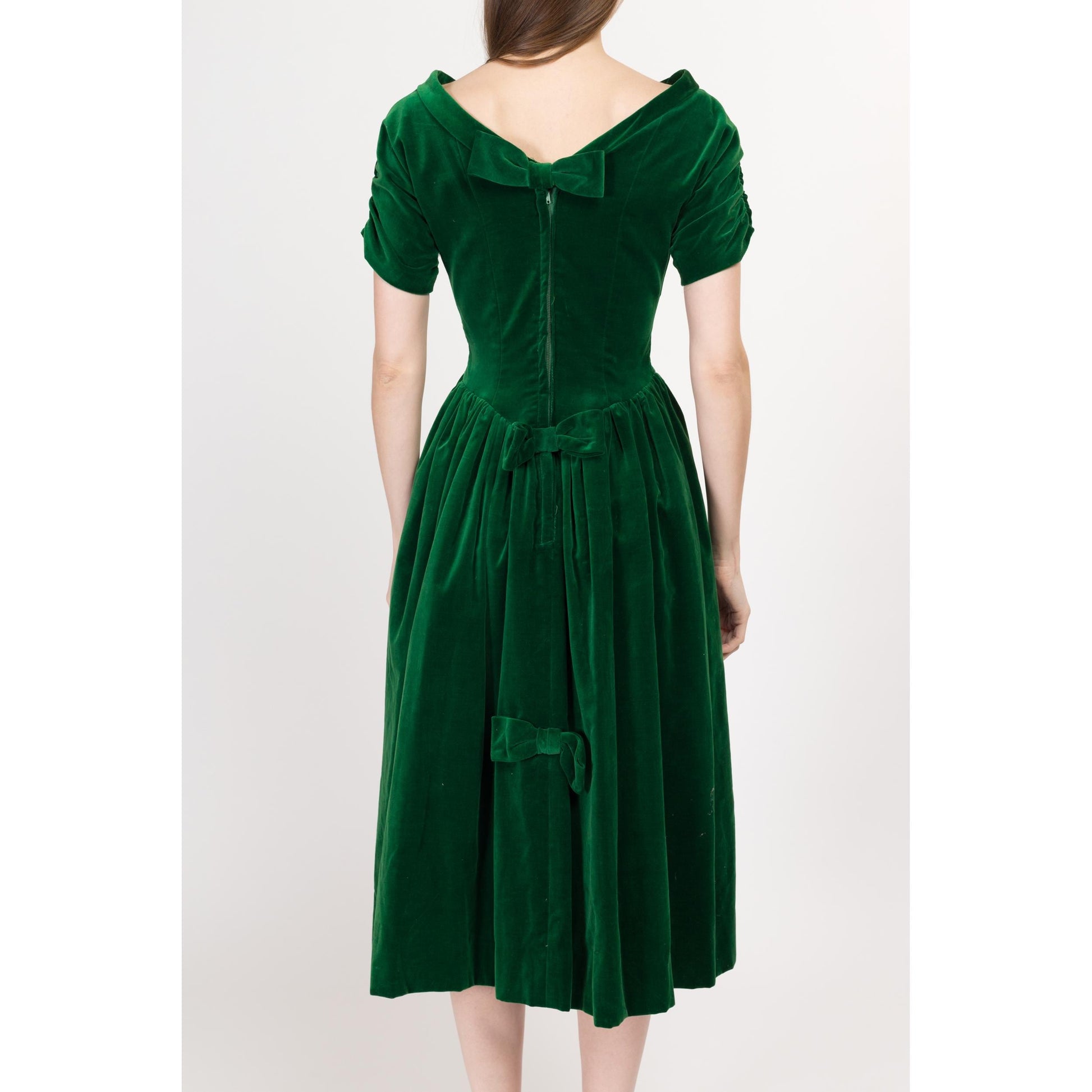 XS 1950s Emerald Green Velvet Bow Fit & Flare Party Dress | Vintage 50 Short Sleeve Low Back Midi Holiday Dress