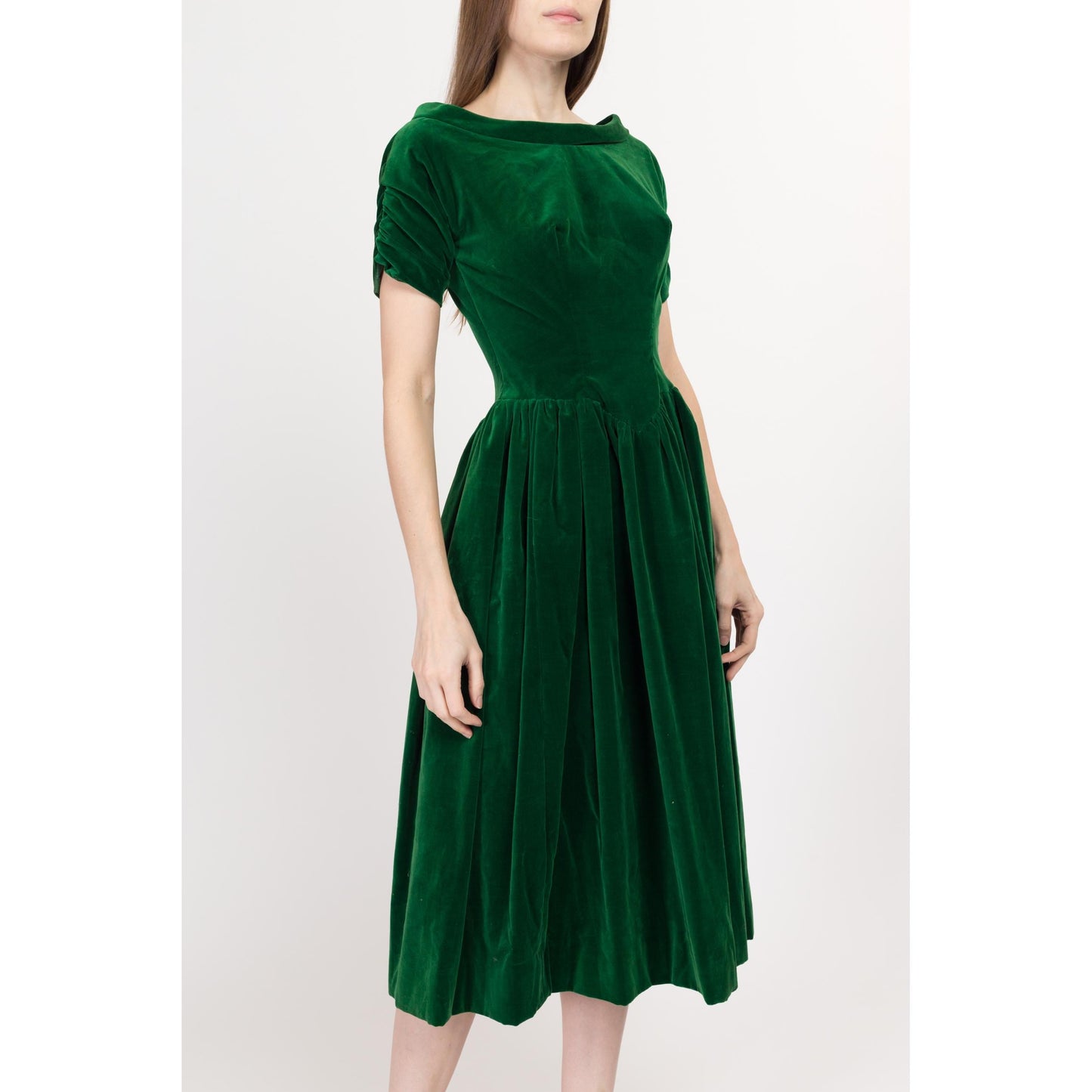 XS 1950s Emerald Green Velvet Bow Fit & Flare Party Dress | Vintage 50 Short Sleeve Low Back Midi Holiday Dress