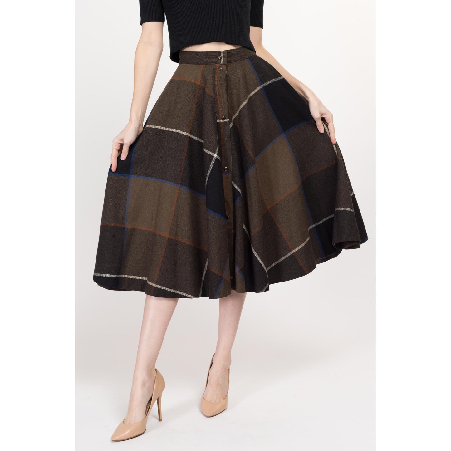 XS 80s Dark Plaid Midi Circle Skirt 24.5" | Vintage Wool Blend High Waisted Schoolgirl Academia Swing Skirt