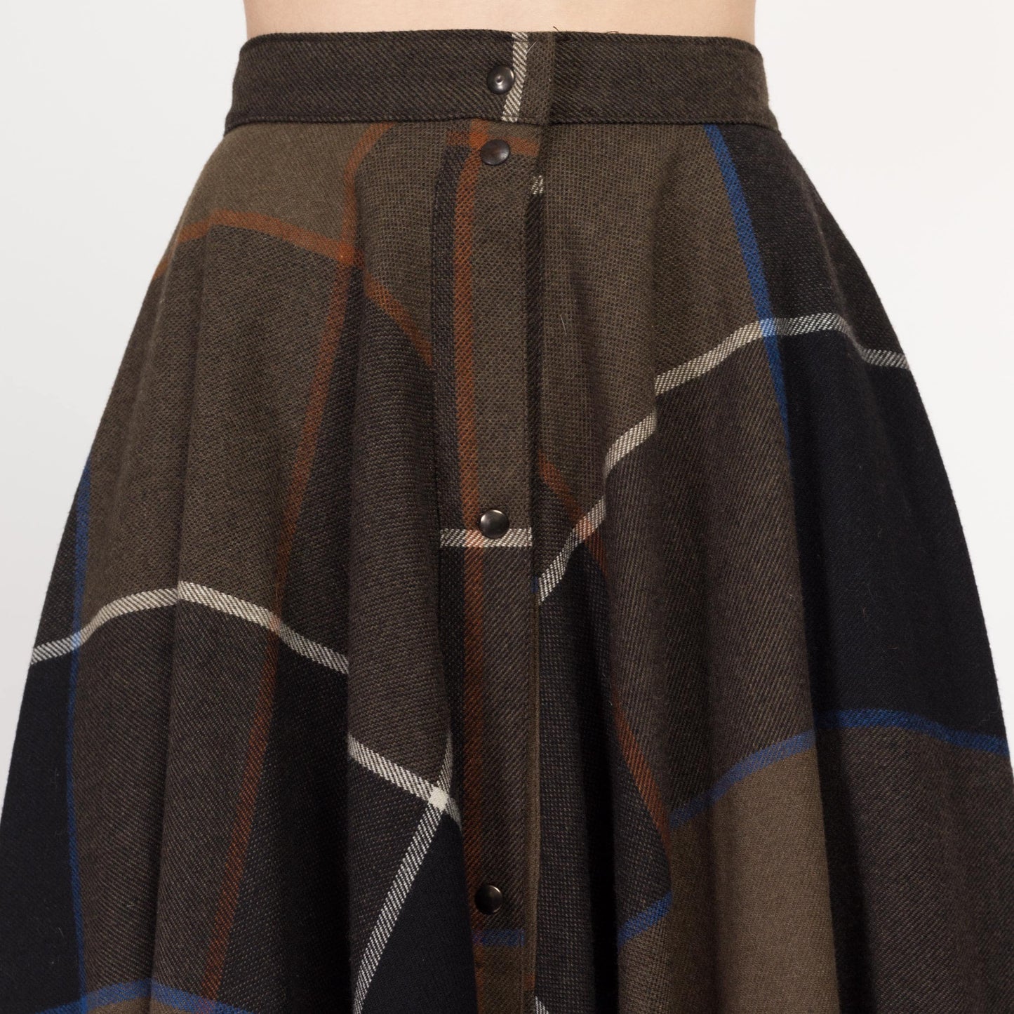 XS 80s Dark Plaid Midi Circle Skirt 24.5" | Vintage Wool Blend High Waisted Schoolgirl Academia Swing Skirt