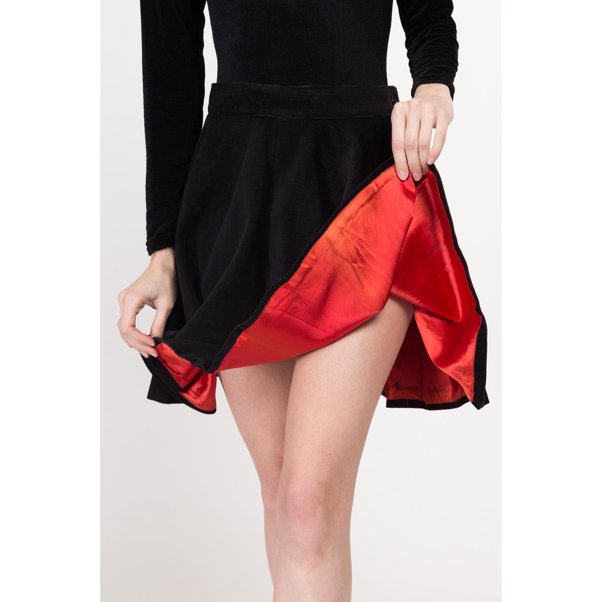 Small 1950s Ice Skating Mini Circle Skirt 27" | Vintage 50s Black Corduroy Red Satin High Waisted Skater Majorette Costume Miniskirt