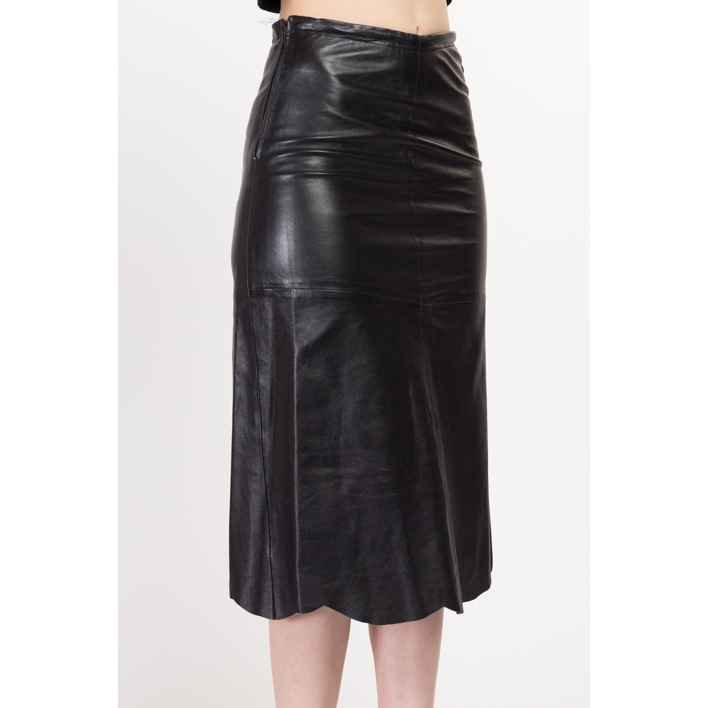 XS 90s Black Leather Scalloped Hem Midi Skirt | Vintage Mid Rise Boho Beaded Tie A Line Skirt