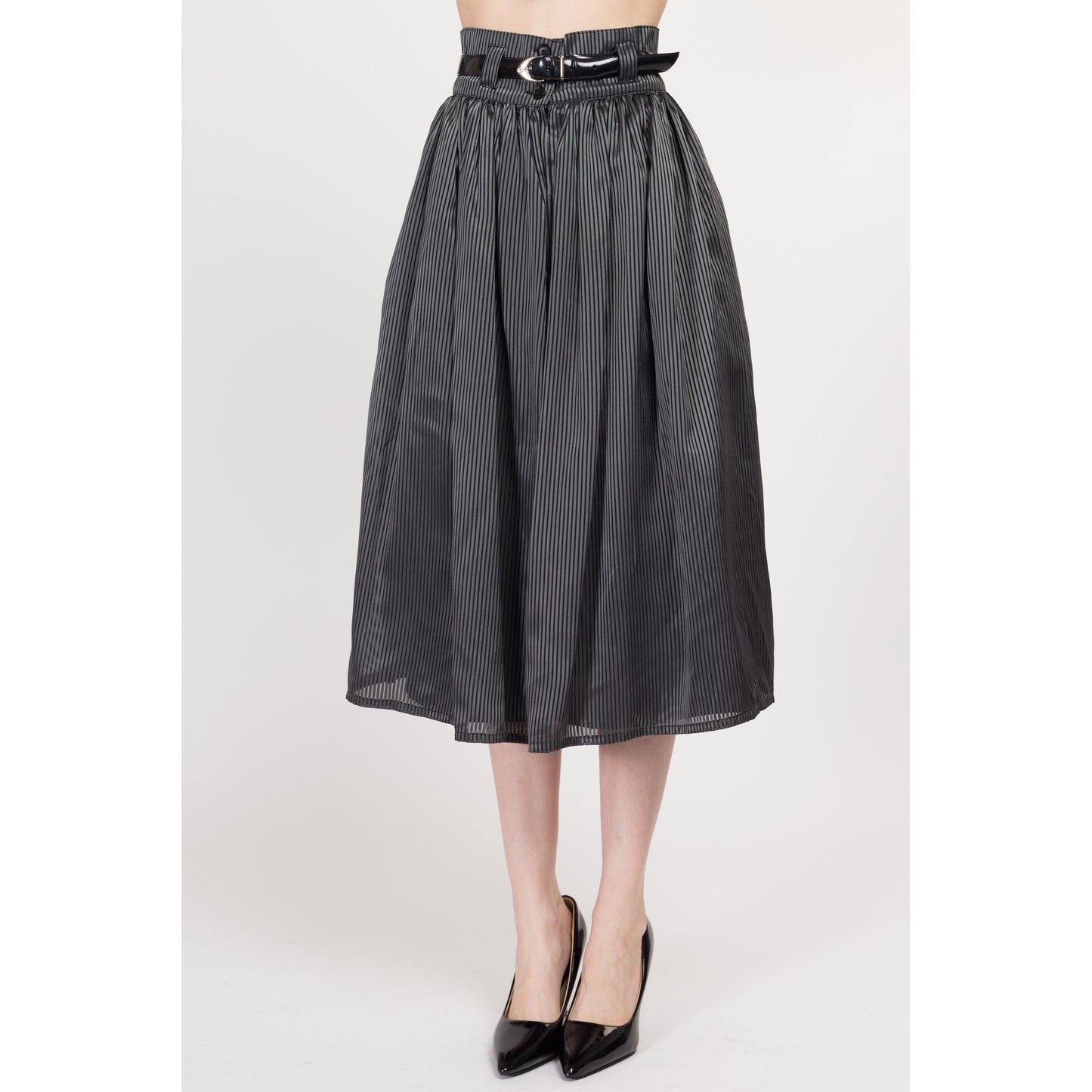 XS-Sm 80s Grey & Black Pinstripe Belted Midi Skirt | Vintage Pleated High Waisted Full Skirt